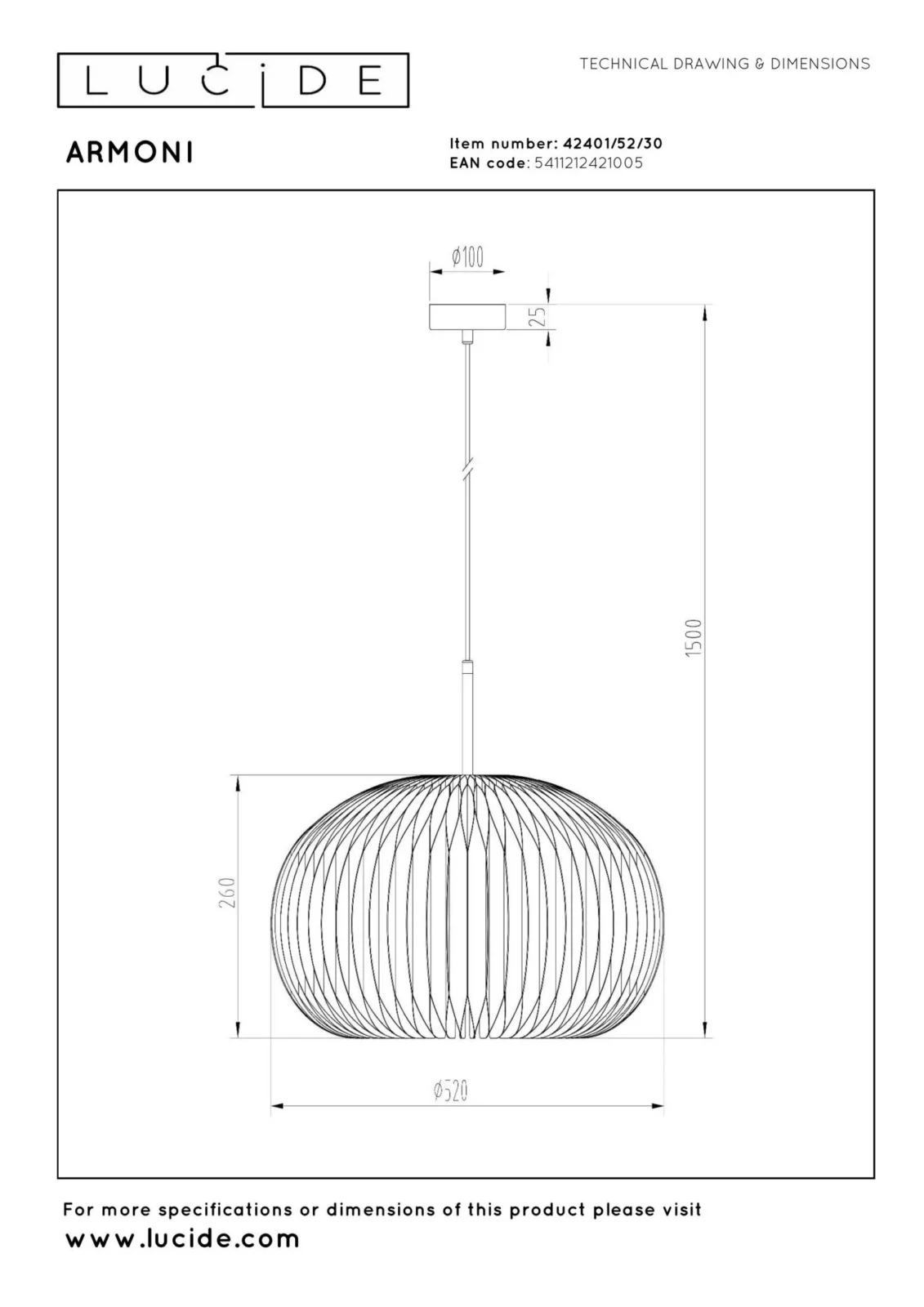 Lucide ARMONI - zu00e1vesnu00e9 svetlo - u00d8 52 cm - 1xE27 - u010dierne