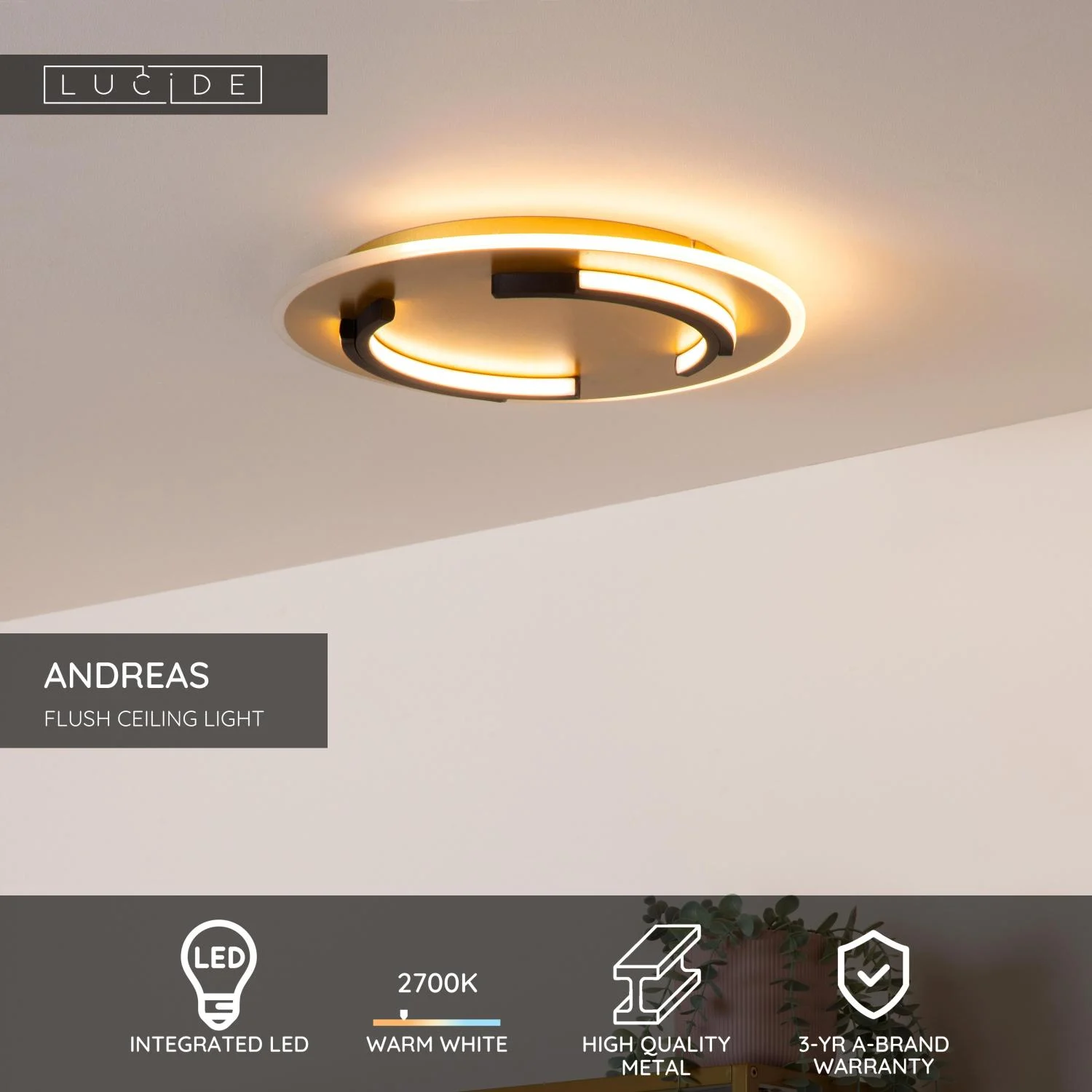Lucide ANDREAS - Zapustenu00e9 stropnu00e9 svetlo - u00d8 39,6 cm - LED - 1x30W 2700K - Matt Gold / Brass