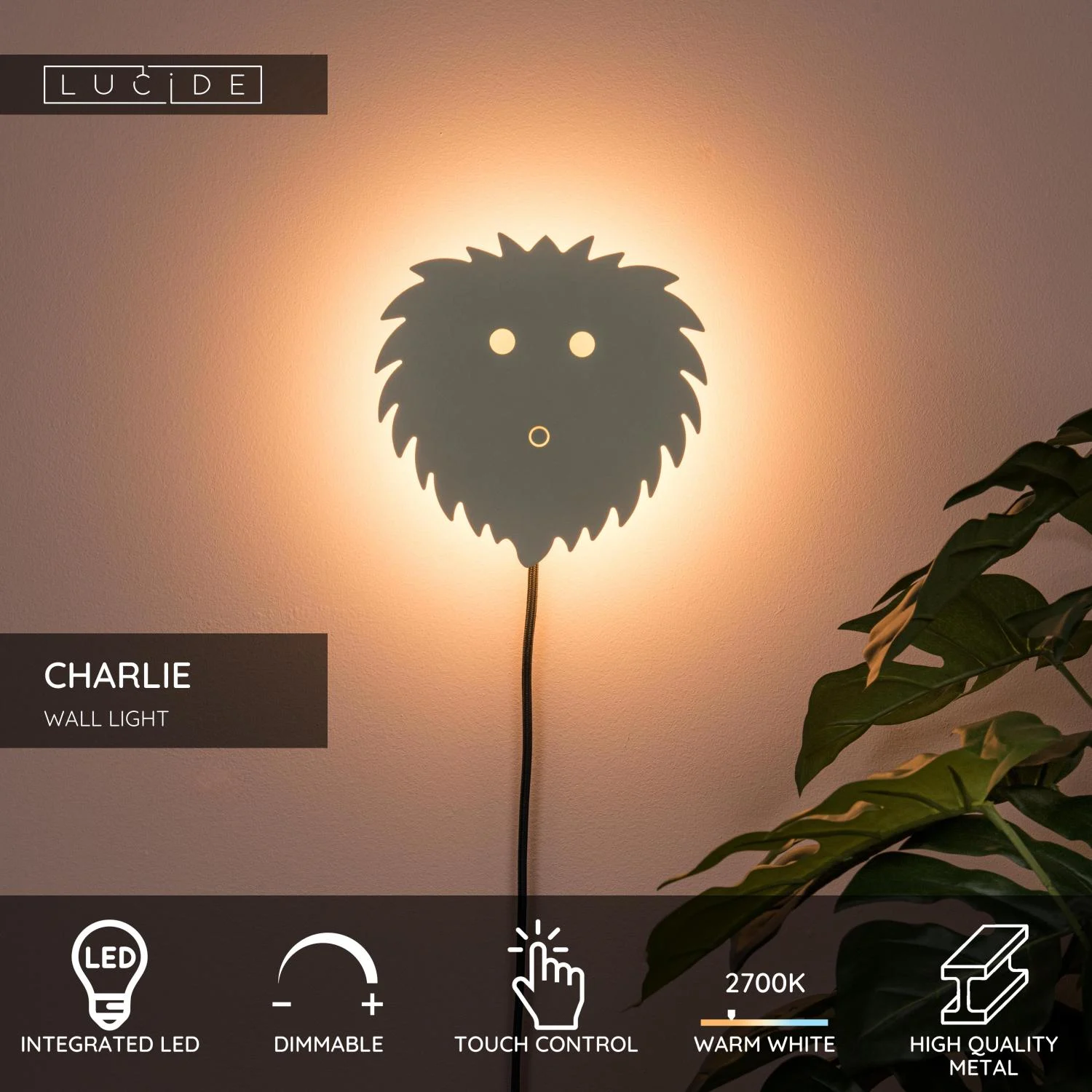 Lucide CHARLIE - Nu00e1stennu00e9 svetlu00e1 pre deti - LED tlmenu00e9. - 1x7W 2700K - kru00e9movu00e1