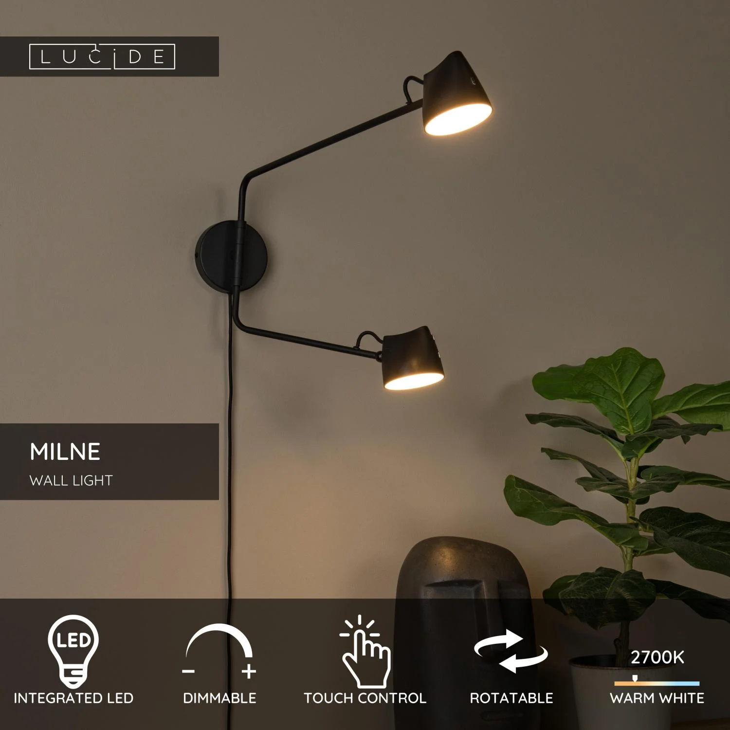 Lucide MILNE - Nu00e1stennu00e9 svetlo - LED tlmenu00e9. - 2x8W 2700K - u010dierne