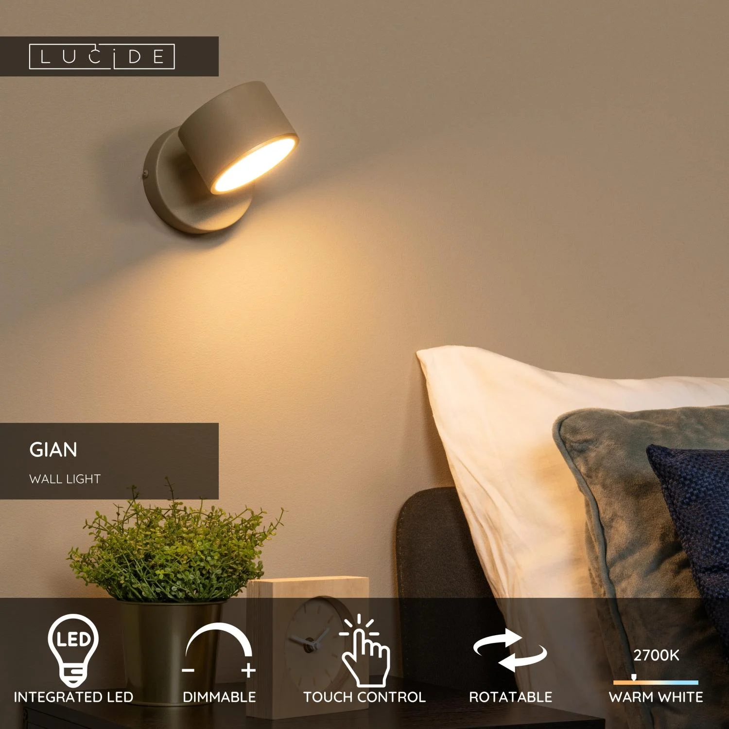 Lucide GIAN - Nu00e1stennu00e9 svetlo - LED tlmenu00e9. - 1x9W 2700K - Taupe