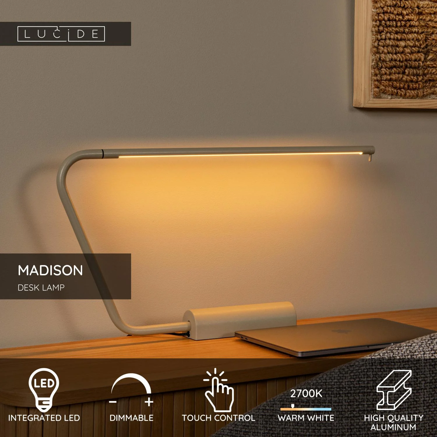 Lucide MADISON - Stolnu00e1 lampa - LED tlmenu00e1. - 1x6,5W 2700K - Taupe