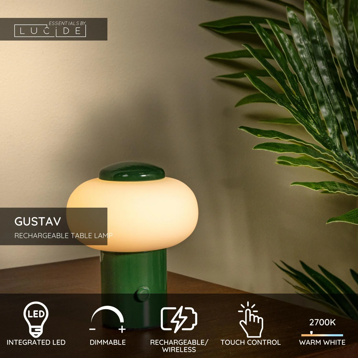 Lucide GUSTAV - Nabu00edjateu013enu00e1 stolnu00e1 lampa - Batu00e9riovu00fd balu00edk - u00d8 8 cm - LED tlmenu00e1 - 1x0,8W 2700K - zelenu00e1 | Essential