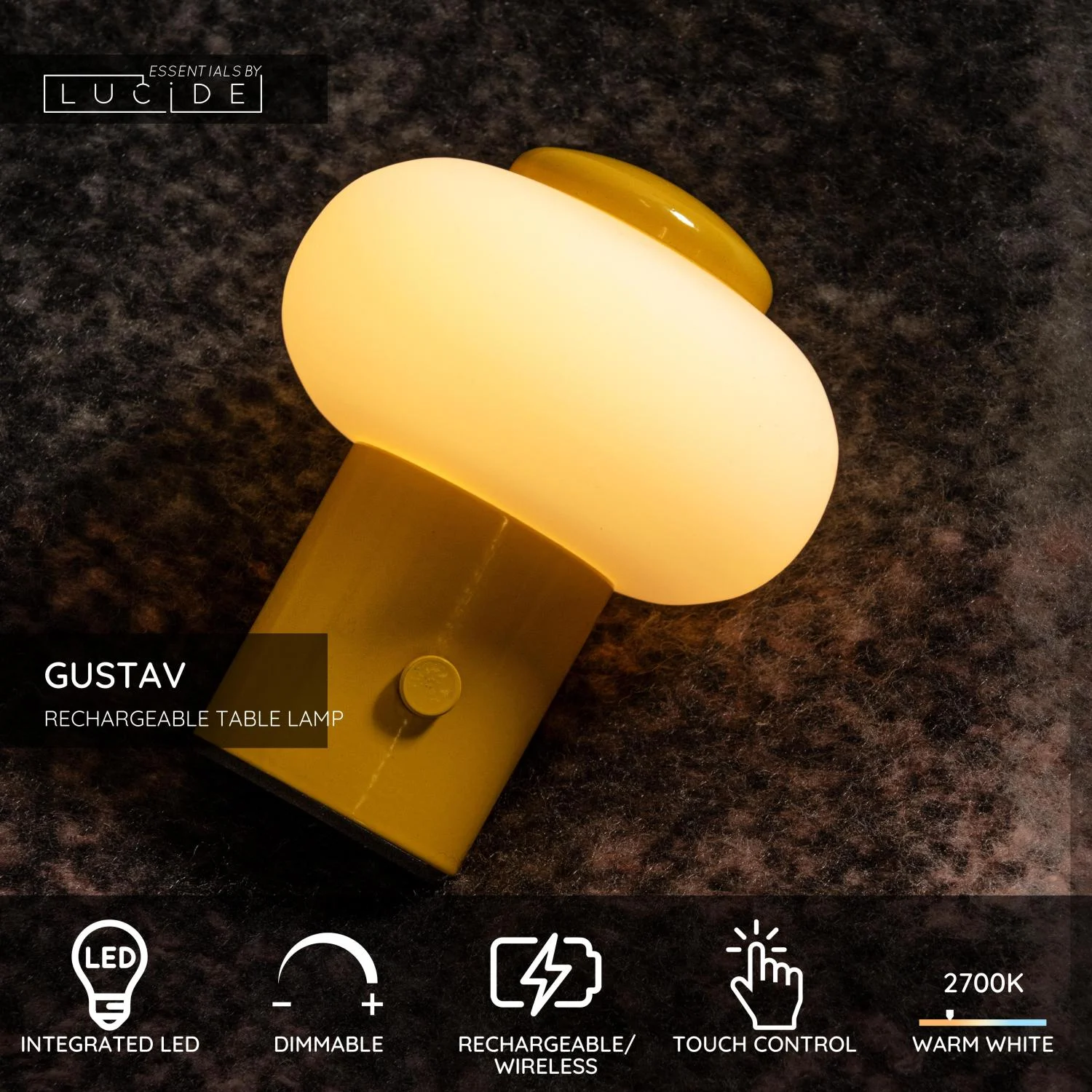 Lucide GUSTAV - Nabu00edjateu013enu00e1 stolnu00e1 lampa - Batu00e9riovu00fd balu00edk - u00d8 8 cm - LED tlmenu00fd. - 1x0,8W 2700K - u017eltu00e1 | Essential
