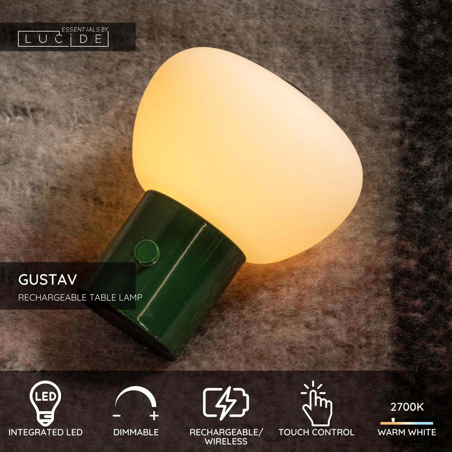 Lucide GUSTAV - Nabu00edjateu013enu00e1 stolnu00e1 lampa - Batu00e9riovu00fd balu00edk - u00d8 8 cm - LED tlmenu00e1 - 1x0,8W 2700K - zelenu00e1 | Essential