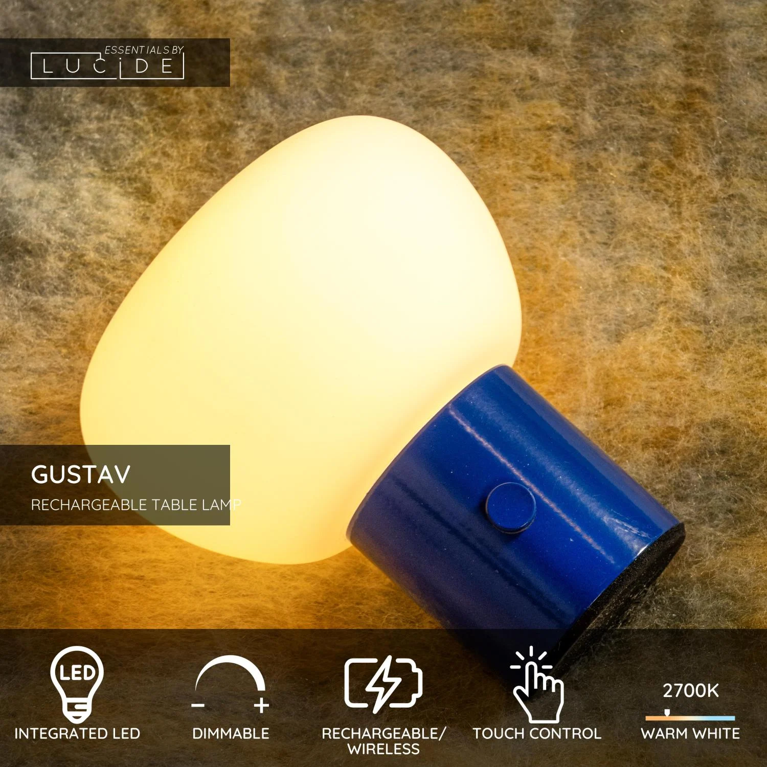 Lucide GUSTAV - Nabu00edjateu013enu00e1 stolnu00e1 lampa - Batu00e9riovu00fd balu00edk - u00d8 8 cm - LED tlmenu00e1 - 1x0,8W 2700K - modru00e1 | Essential