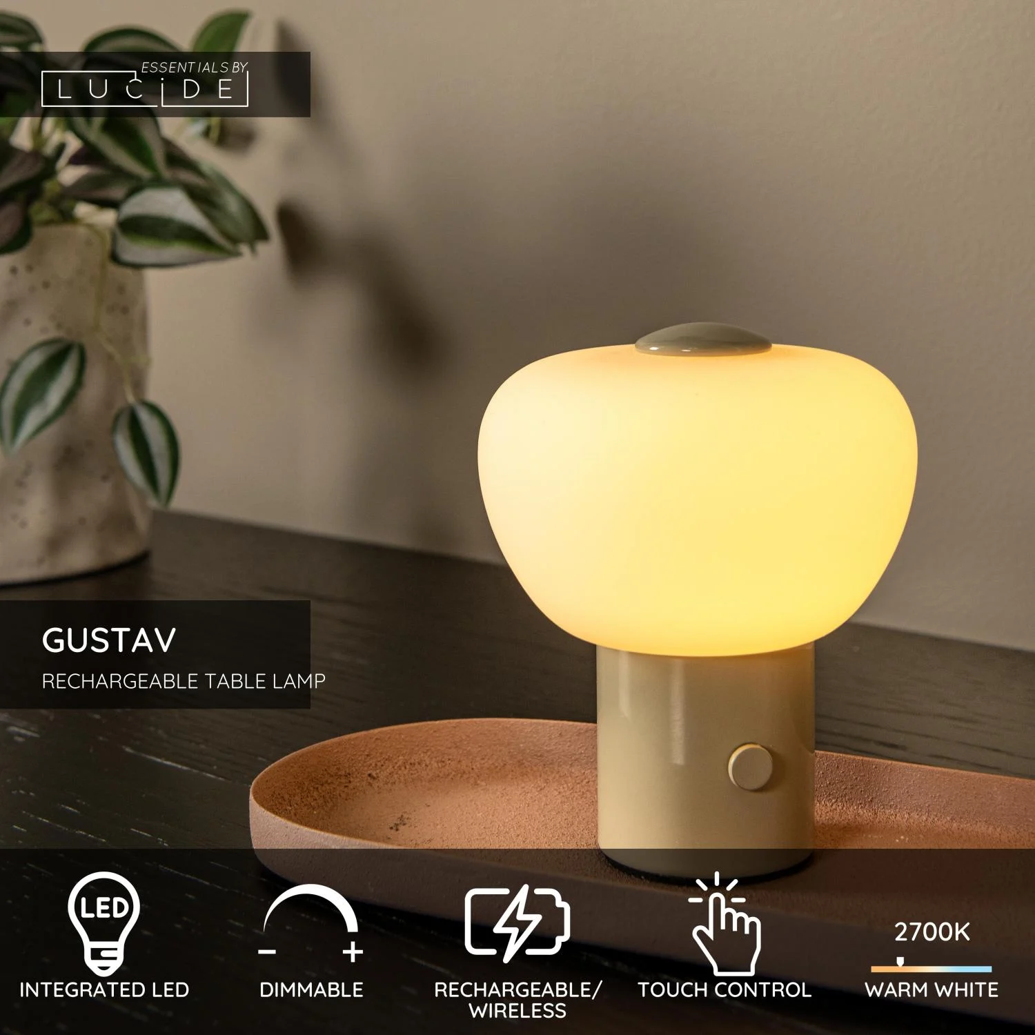 Lucide GUSTAV - Nabu00edjateu013enu00e1 stolnu00e1 lampa - Batu00e9riovu00fd balu00edk - u00d8 8 cm - LED tlmenu00e1 - 1x0,8W 2700K - kru00e9movu00e1 | Essential
