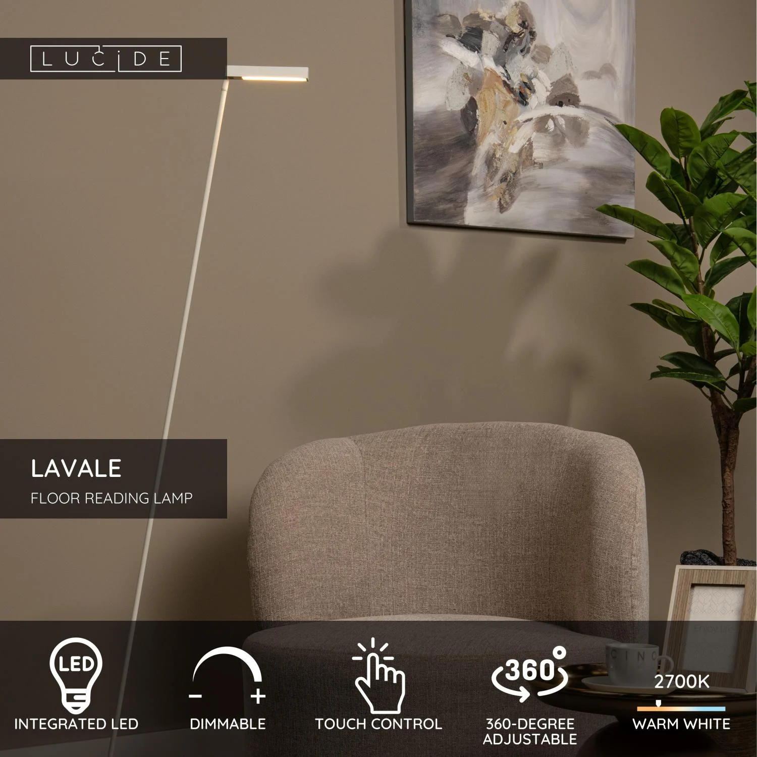 Lucide LAVALE - Podlahovu00e1 u010du00edtacia lampa - LED tlmenu00e1 - 1x3W 2700K - biela