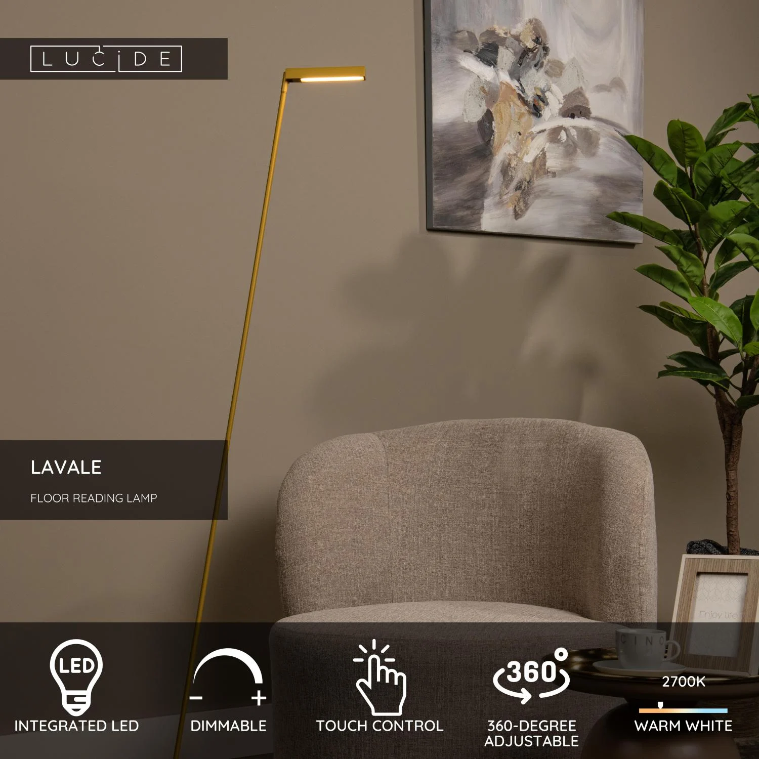 Lucide LAVALE - Podlahovu00e1 u010du00edtacia lampa - LED tlmenu00e1 - 1x3W 2700K - okrovu00e1 u017eltu00e1