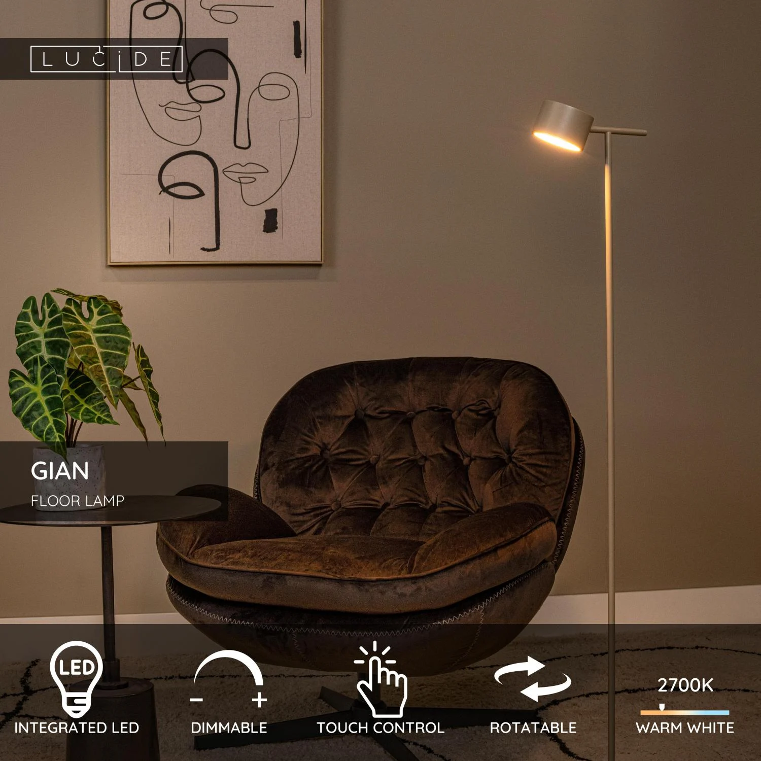 Lucide GIAN - Stojaca lampa - LED tlmenu00e1 - 1x9W 2700K - Taupe
