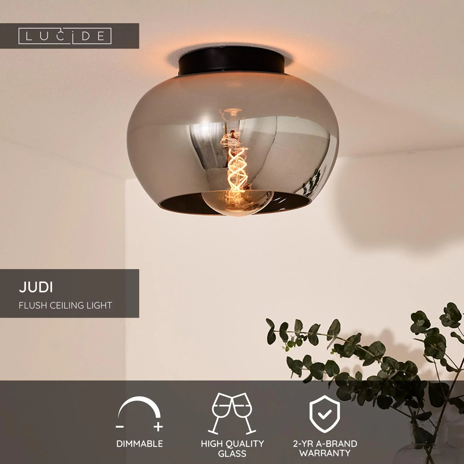 Lucide JUDI - Zapustenu00e9 stropnu00e9 svetlo - u00d8 30,5 cm - 1xE27 - Smoke Grey