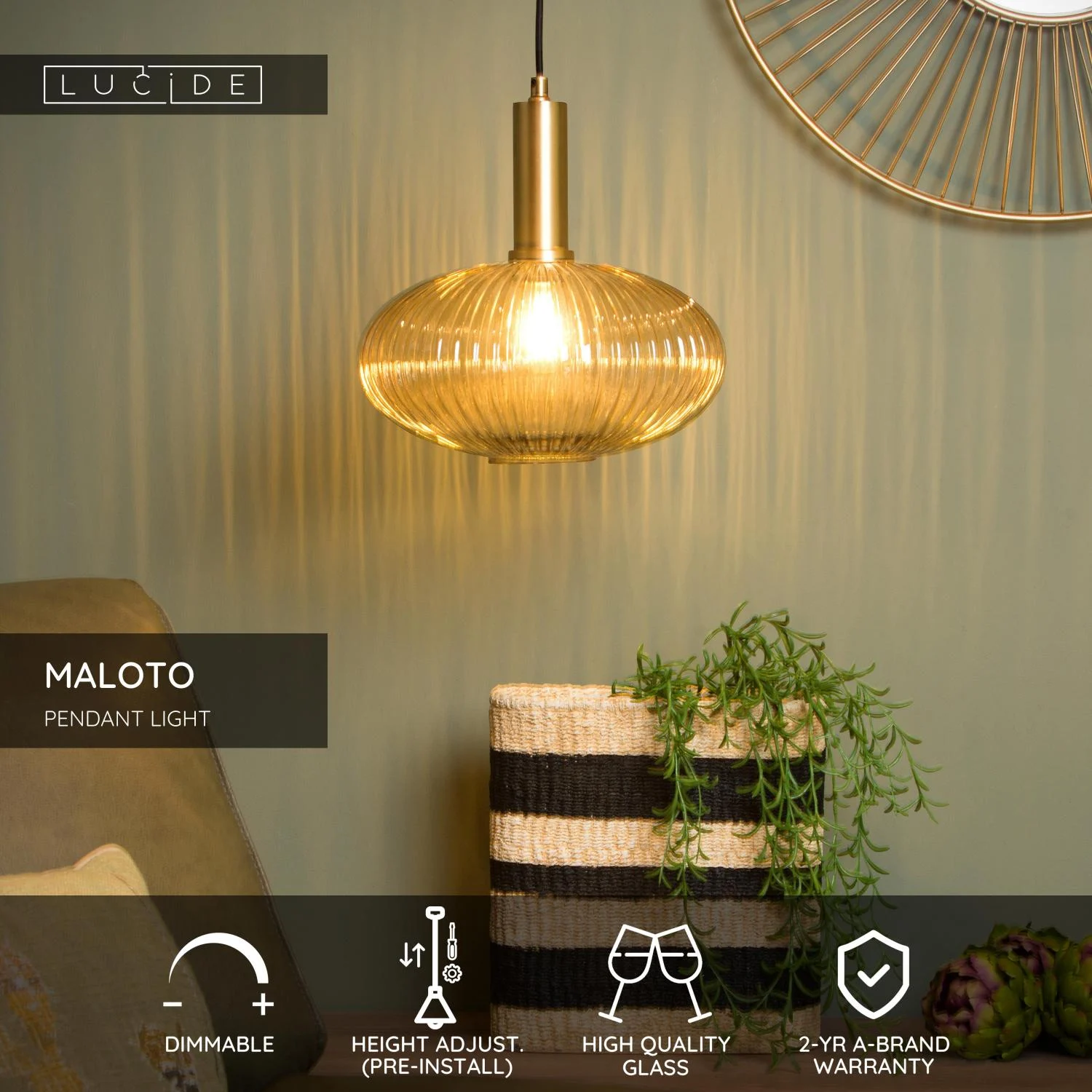 Lucide MALOTO - Zu00e1vesnu00e9 svetlo - u00d8 30 cm - 1xE27 - jantu00e1r