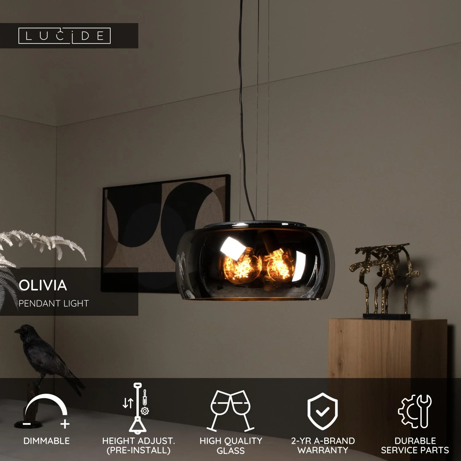 Lucide OLIVIA - Zu00e1vesnu00e9 svetlo - u00d8 50 cm - 3xE27 - Smoke Grey