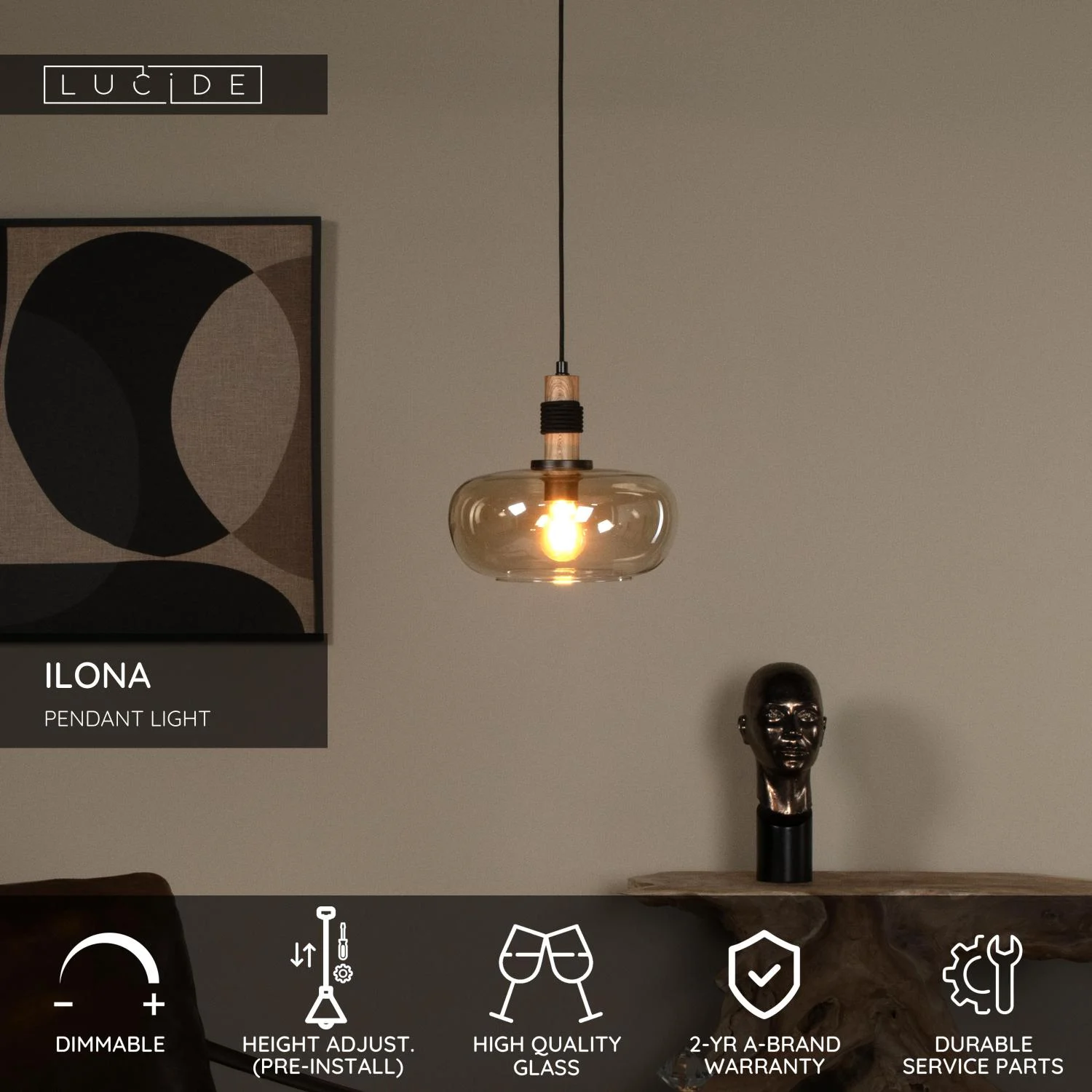 Lucide ILONA - Zu00e1vesnu00e9 svetlo - u00d8 30 cm - 1xE27 - jantu00e1r