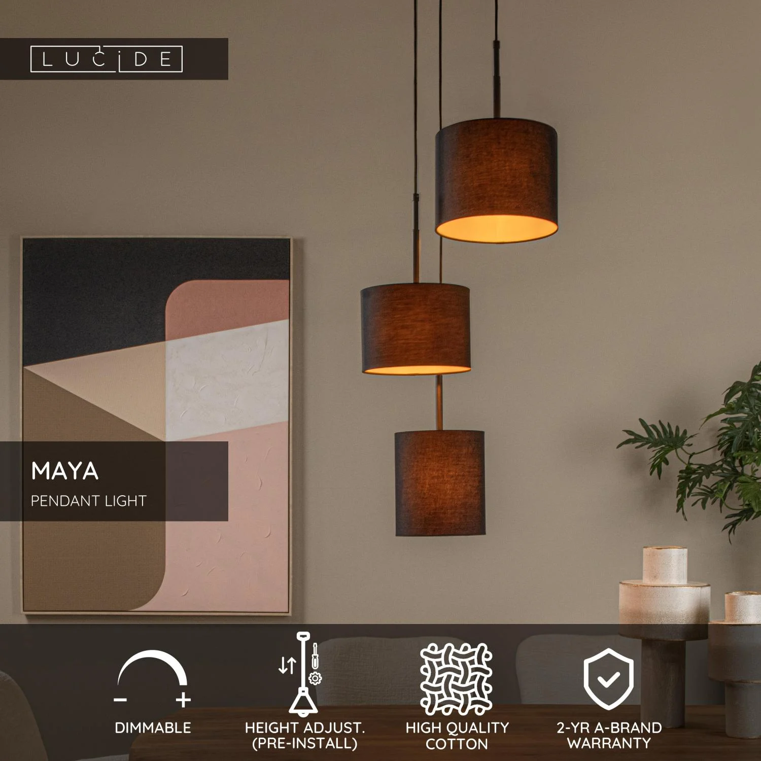 Lucide MAYA - zu00e1vesnu00e9 svetlo - u00d8 46 cm - 3xE27 - u010dierne