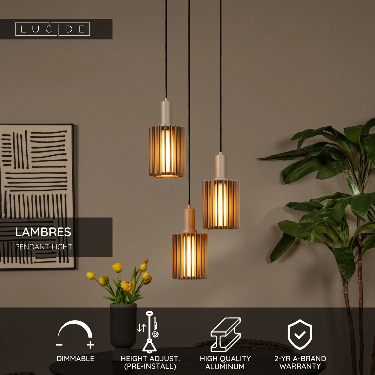 Lucide LAMBRES - Zu00e1vesnu00e9 svetlo - 3xE27 - Taupe