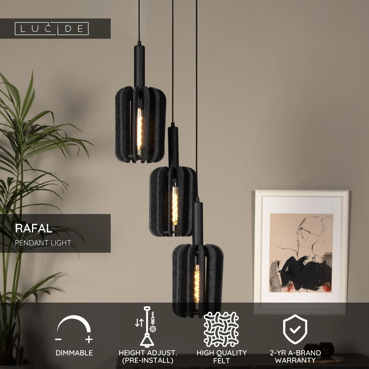 Lucide RAFAL - Zu00e1vesnu00e9 svetlo - u00d8 50 cm - 3xE27 - Sivu00e1