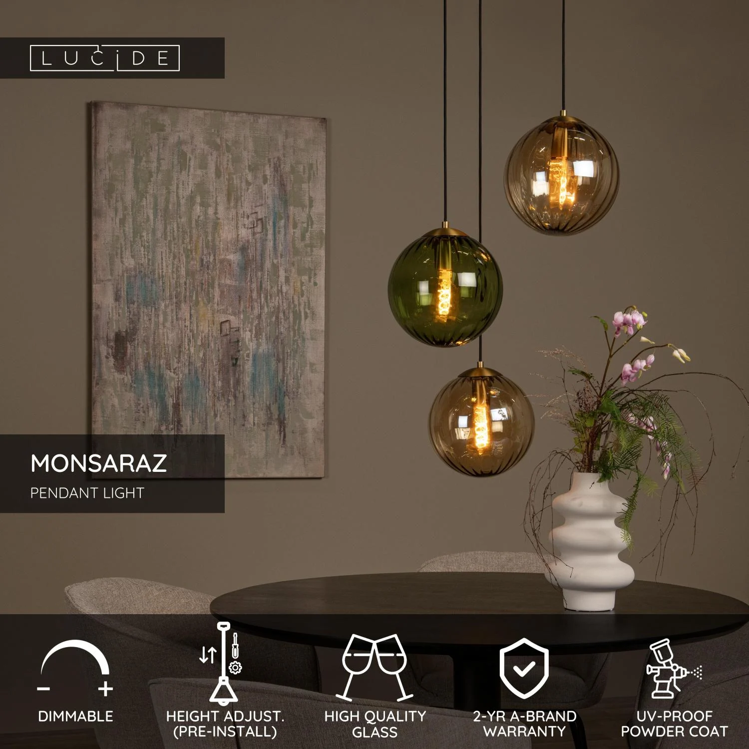Lucide MONSARAZ - zu00e1vesnu00e9 svetlo - u00d8 35 cm - 3xE27 - zelenu00e1