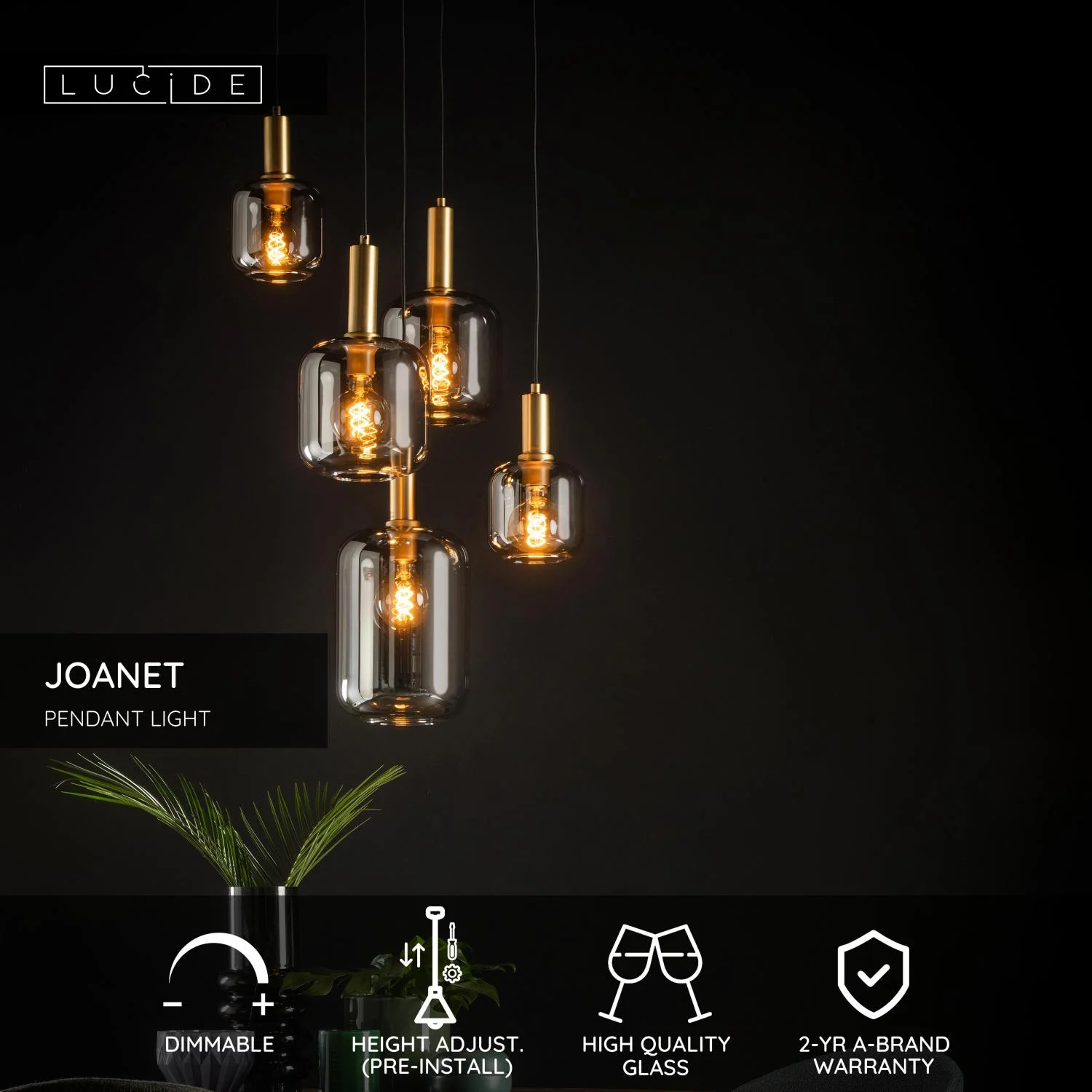 Lucide JOANET - Zu00e1vesnu00e9 svetlo - u00d8 66 cm - 5xE27 - Smoke Grey