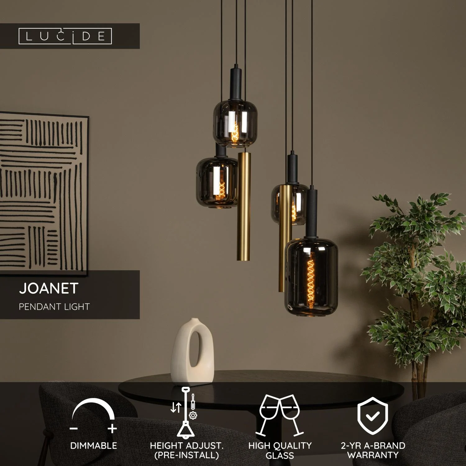 Lucide JOANET - Zu00e1vesnu00e9 svetlo - u00d8 65 cm - 4xE27 - Mosadz