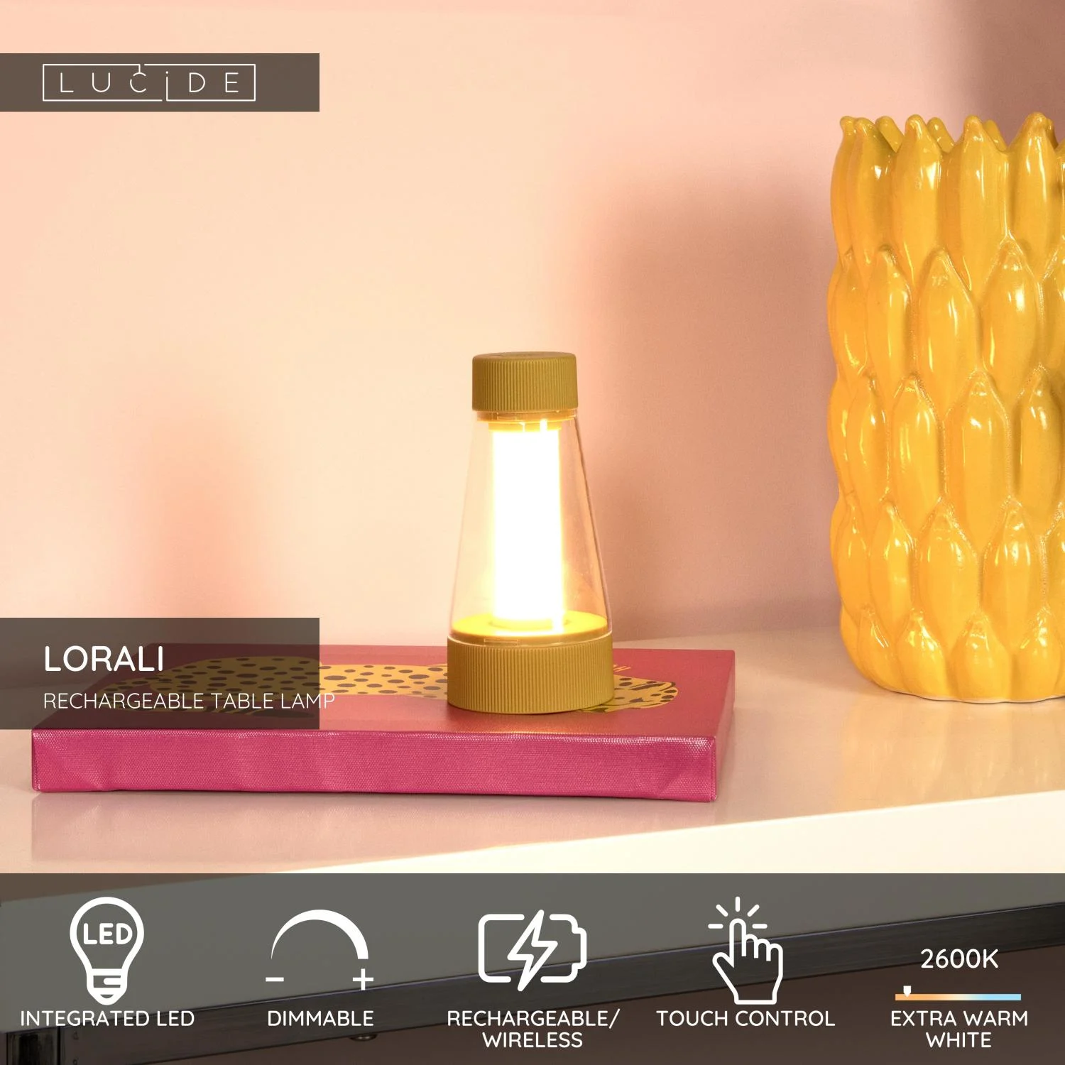 Lucide LORALI - Nabu00edjateu013enu00e1 stolnu00e1 lampa do interiu00e9ru/exteriu00e9ru - batu00e9riovu00fd balu00edk - u00d8 7,7 cm - LED tlmenu00e1 - 1x1,2W 2600K/3000K - IP44 - Okrovu00e1 u017eltu00e1