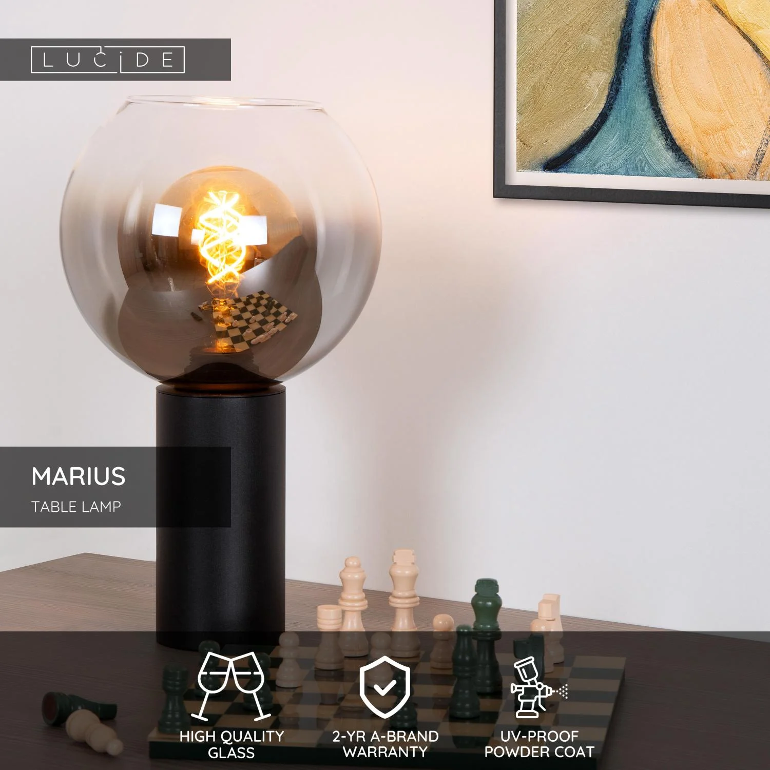 Lucide MARIUS - Stolnu00e1 lampa - u00d8 20 cm - 1xE27 - u010dierna