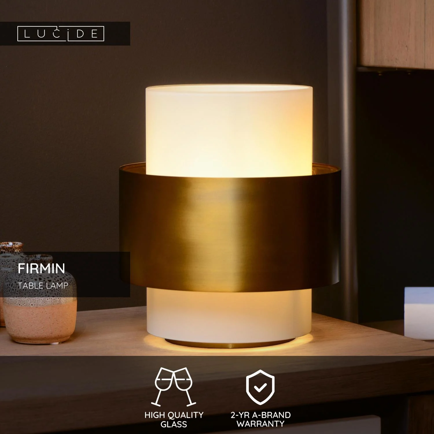 Lucide FIRMIN - Stolnu00e1 lampa - u00d8 20 cm - 1xE27 - Matt Gold / Brass