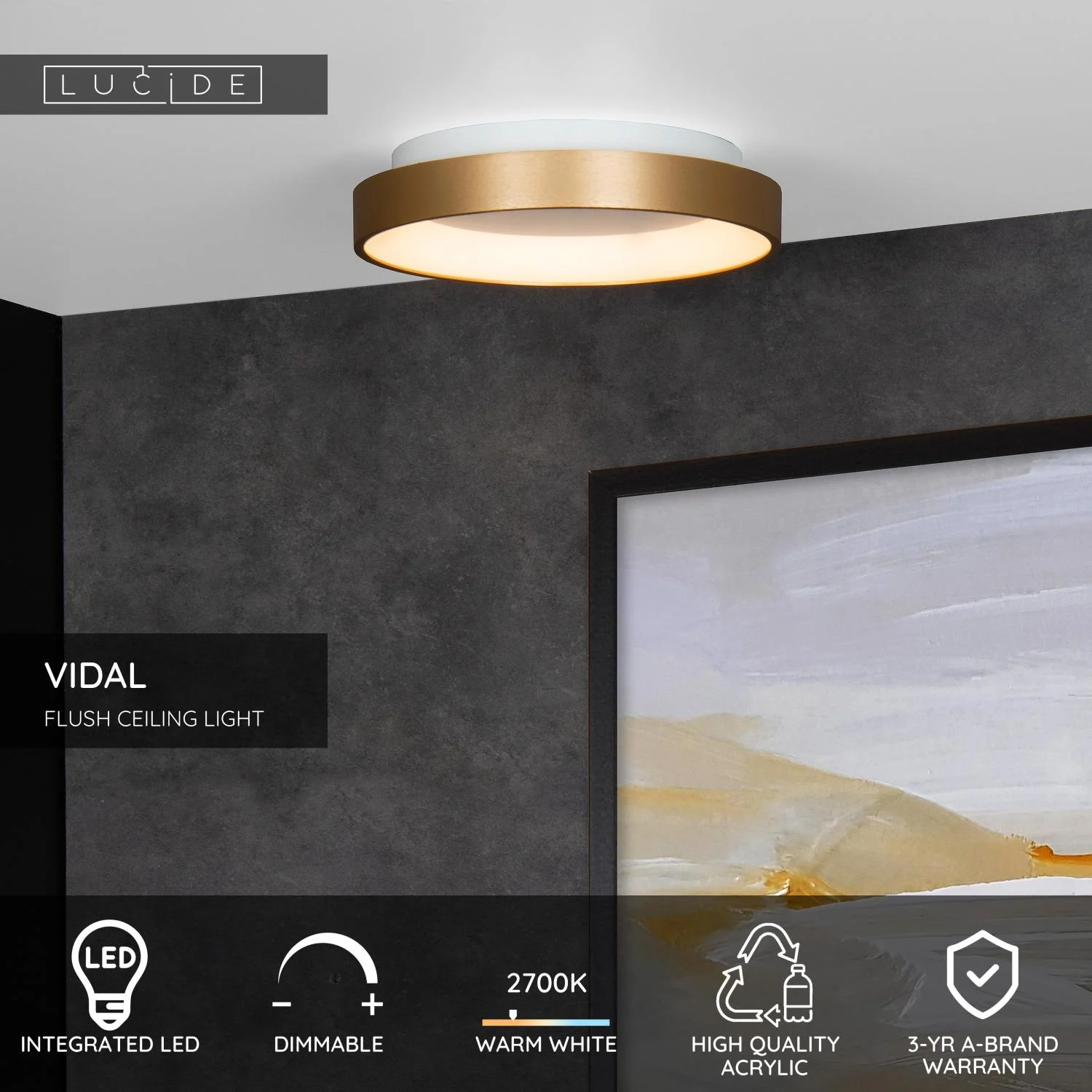 Lucide VIDAL - Zapustenu00e9 stropnu00e9 svetlo - u00d8 28 cm - LED stmievanu00e9 - 1x20W 2700K - matnu00e9 zlato / mosadz