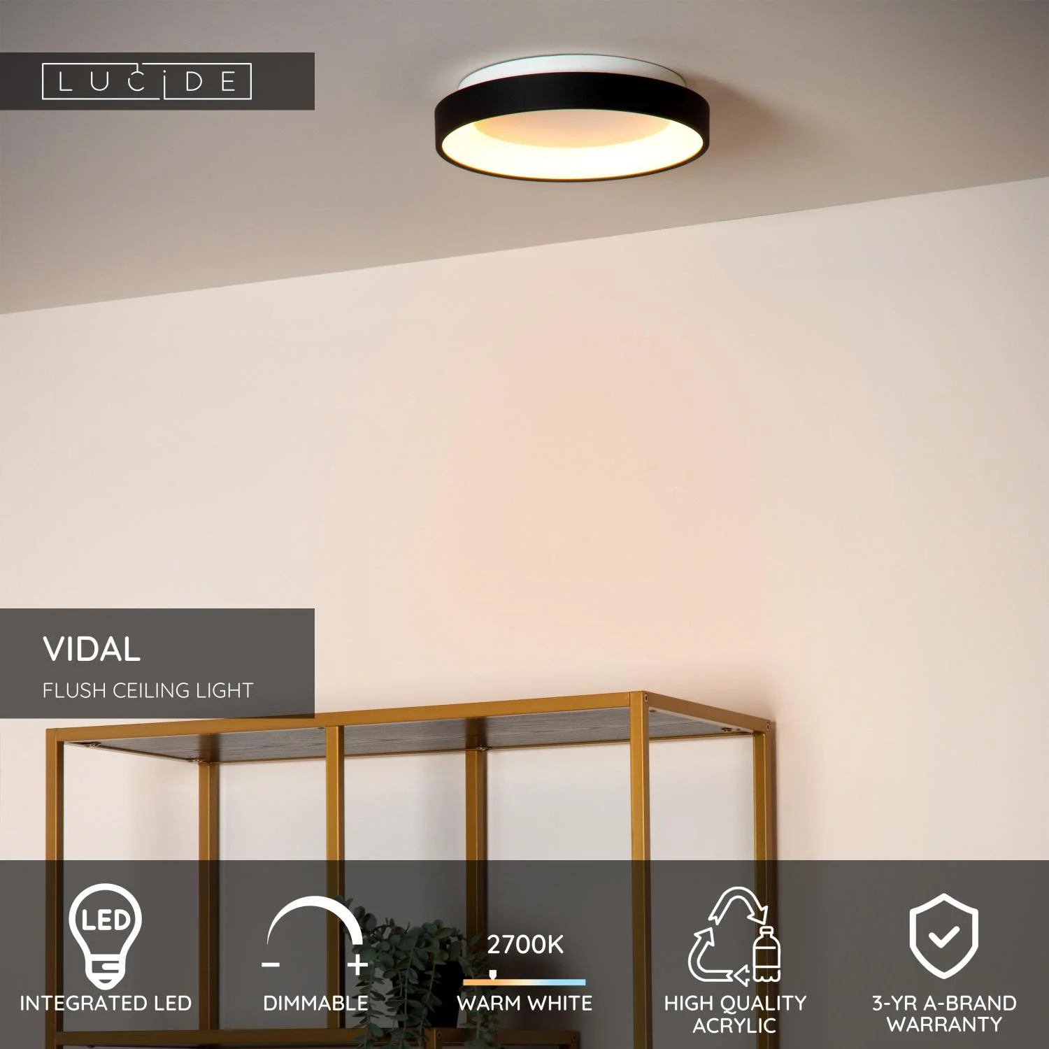 Lucide VIDAL - zapustenu00e9 stropnu00e9 svetlo - u00d8 28 cm - LED tlmenu00e9 - 1x20W 2700K - u010dierne