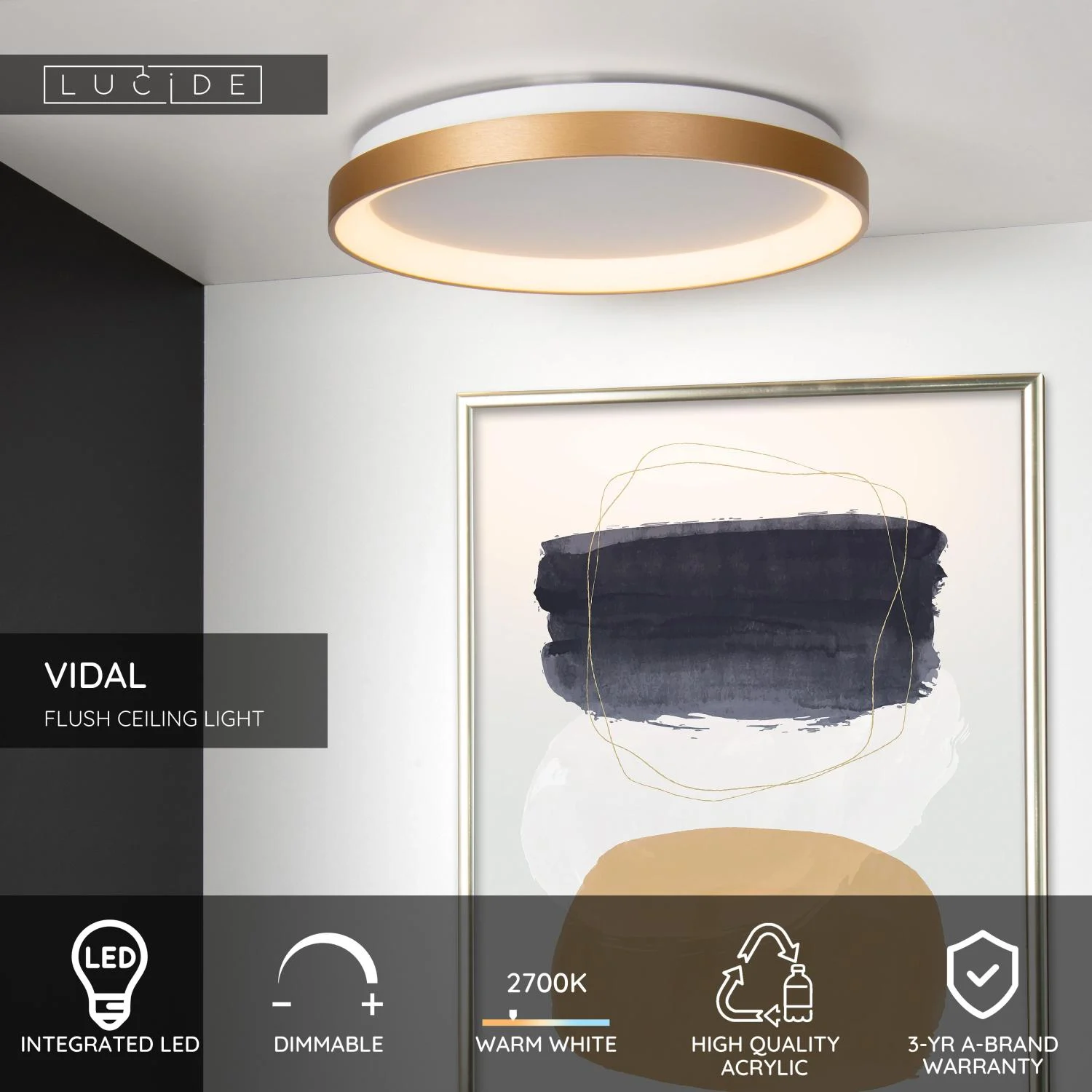 Lucide VIDAL - Zapustenu00e9 stropnu00e9 svetlo - u00d8 48 cm - LED tlmenu00e9 - 1x38W 2700K - matnu00e9 zlato / mosadz