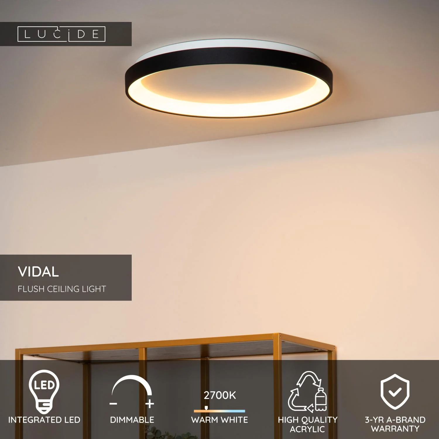 Lucide VIDAL - Zapustenu00e9 stropnu00e9 svetlo - u00d8 48 cm - LED tlmenu00e9 - 1x38W 2700K - u010dierne