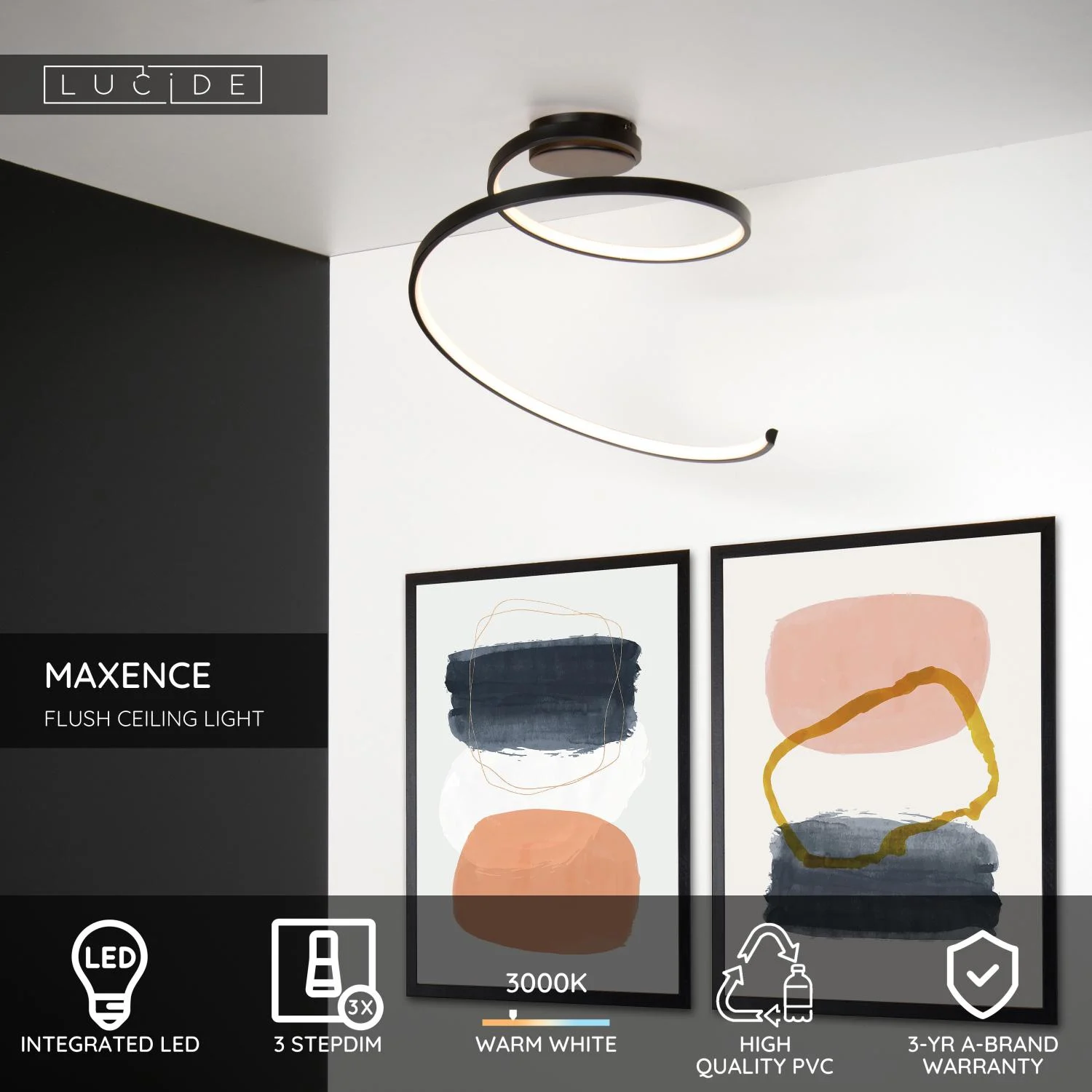 Lucide MAXENCE - Zapustenu00e9 stropnu00e9 svetlo - u00d8 46 cm - LED 3 StepDim - 1x24W 3000K - u010dierna
