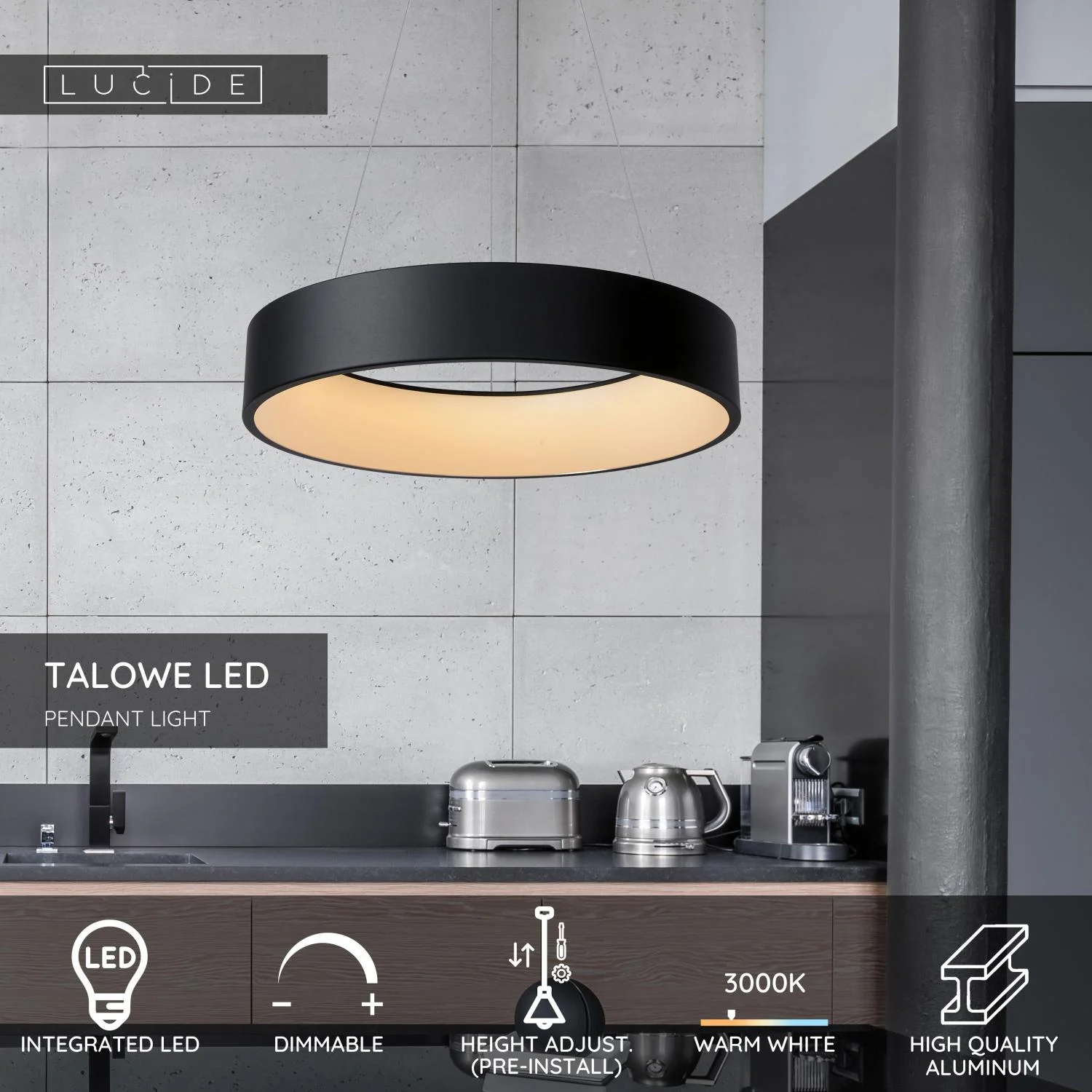 Lucide TALOWE LED - zu00e1vesnu00e9 svetlo - u00d8 60 cm - LED tlmenu00e9 - 1x39W 3000K - u010dierne