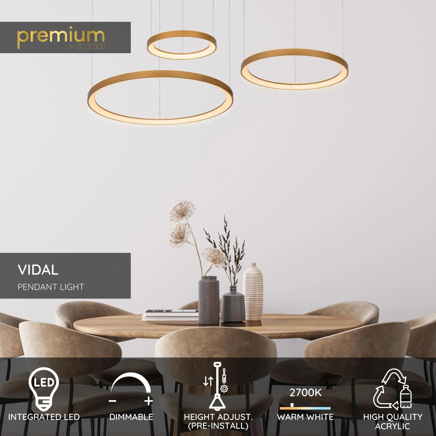 Lucide VIDAL - zu00e1vesnu00e9 svetlo - u00d8 78 cm - LED tlmenu00e9 - 1x120W 2700K - matnu00e9 zlato / mosadz | Pru00e9miovu00e9
