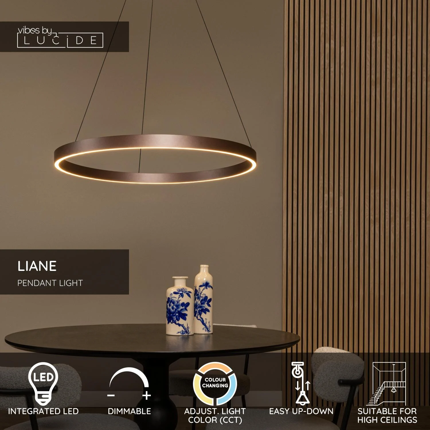 Lucide LIANE - Zu00e1vesnu00e9 svetlo - u00d8 80 cm - LED tlmenu00e9. - CCT - 2x36W 2700K/4000K - Vhodnu00e9 do dvojpodlau017enu00fdch priestorov a vysoku00e9ho stropu - Hrdzavo hnedu00e1 | Nu00e1lada