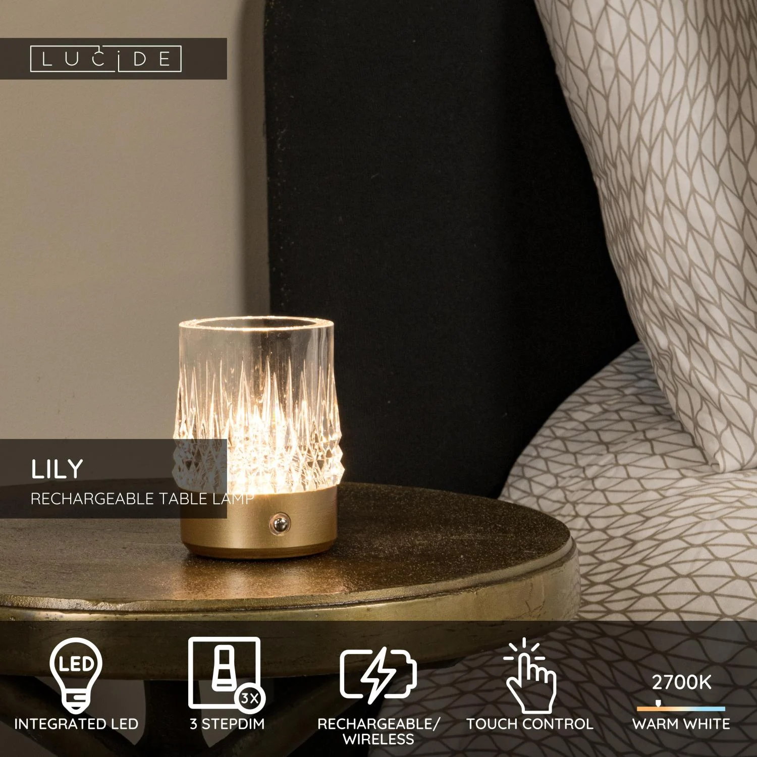 Lucide LILY - Nabu00edjateu013enu00e1 stolnu00e1 lampa - Batu00e9riovu00fd balu00edk - u00d8 8 cm - LED 3 StepDim - 1x3W 2700K/3000K - Matt Gold / Brass - Sada 3