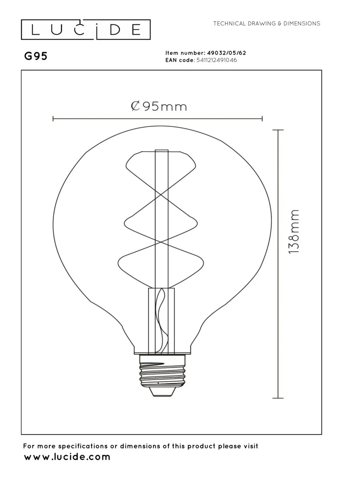 Lucide G95 - u017diarovka s vlu00e1knom - u00d8 9,5 cm - LED tlmenu00e1. - E27 - 1x4,9W 2200K - jantu00e1rovu00e1