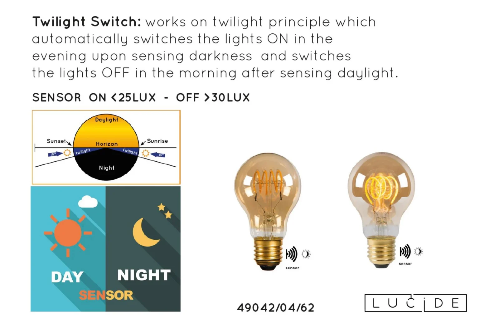 Lucide A60 TWILIGHT SENSOR - u017diarovka s vlu00e1knom - u00d8 6 cm - LED - E27 - 1x4W 2200K - Senzor na deu0148/noc - jantu00e1rovu00e1