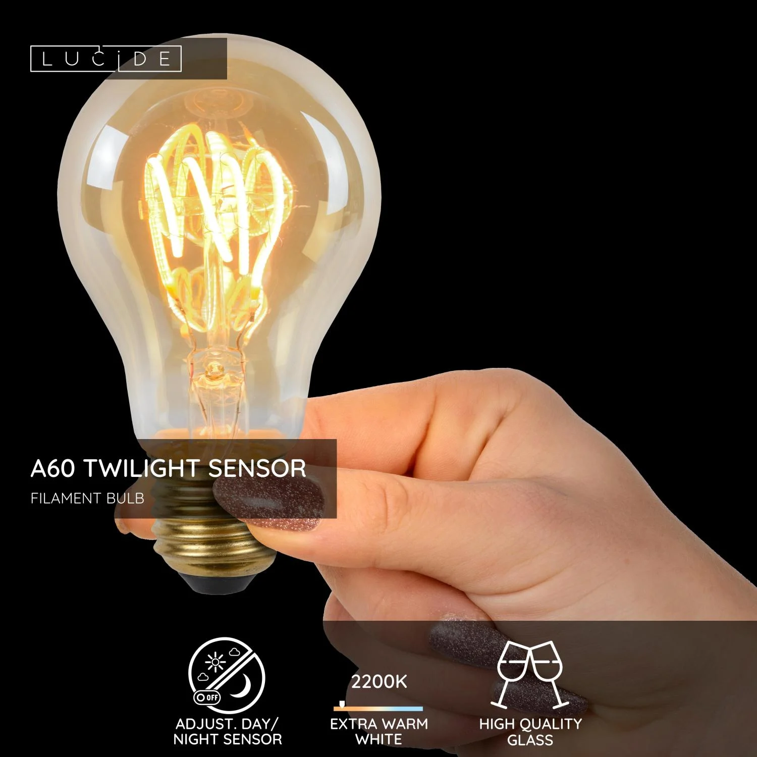 Lucide A60 TWILIGHT SENSOR - u017diarovka s vlu00e1knom - u00d8 6 cm - LED - E27 - 1x4W 2200K - Senzor na deu0148/noc - jantu00e1rovu00e1