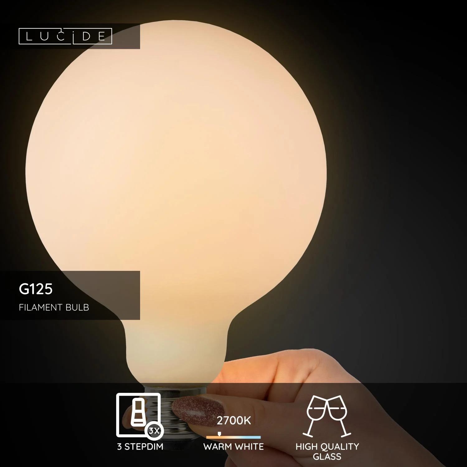 Lucide G125 - u017diarovka s vlu00e1knom - u00d8 12,5 cm - LED 3 StepDim - E27 - 1x8W 2700K - Opal
