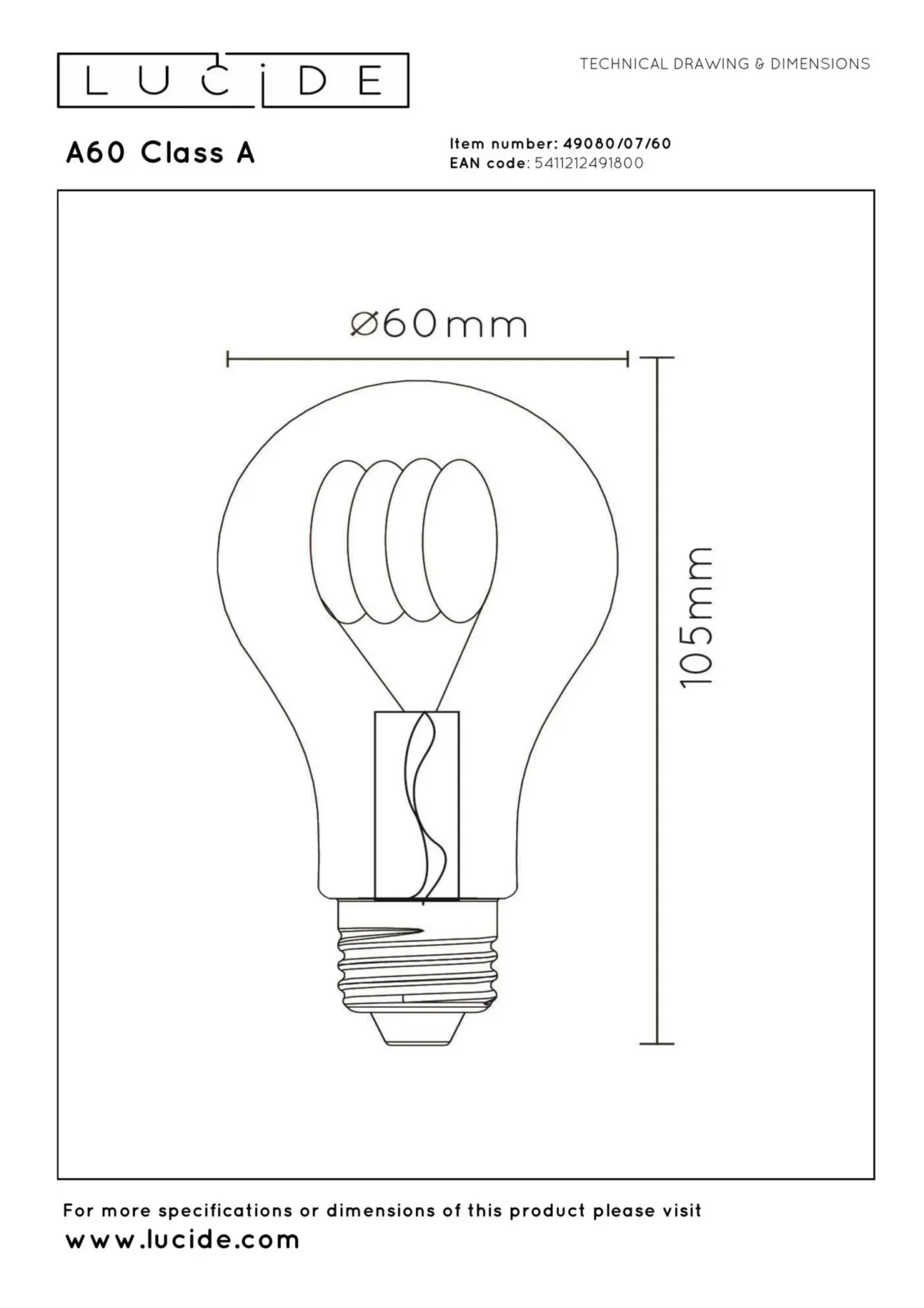 Lucide A60 Class A - u017diarovka s vlu00e1knom - u00d8 6 cm - LED - E27 - 1x7W 2700K - Priehu013eadnu00e1