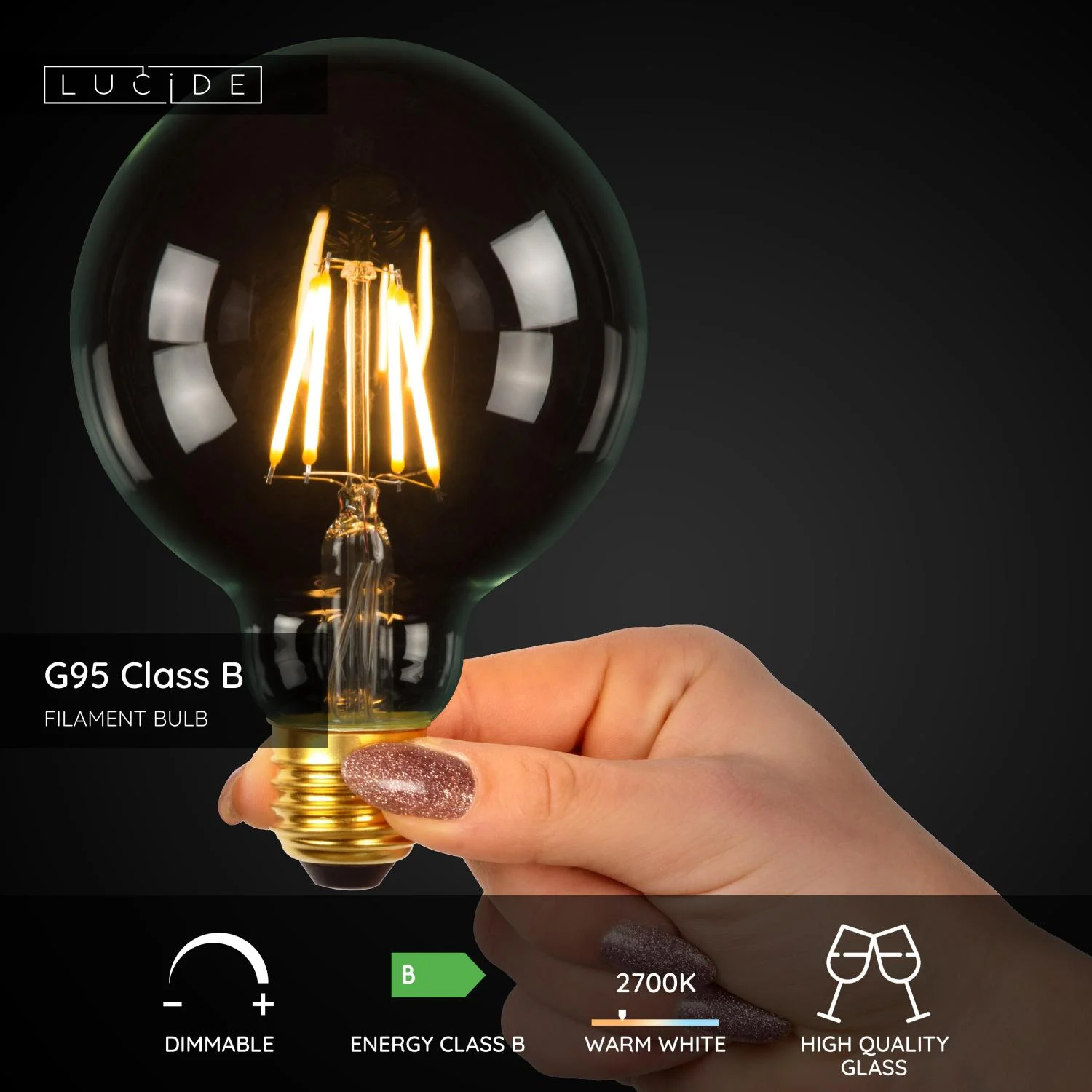 Lucide G95 triedy B - u017diarovka s vlu00e1knom - u00d8 9,5 cm - LED tlmenu00e1. - E27 - 1x7W 2700K - priehu013eadnu00e1
