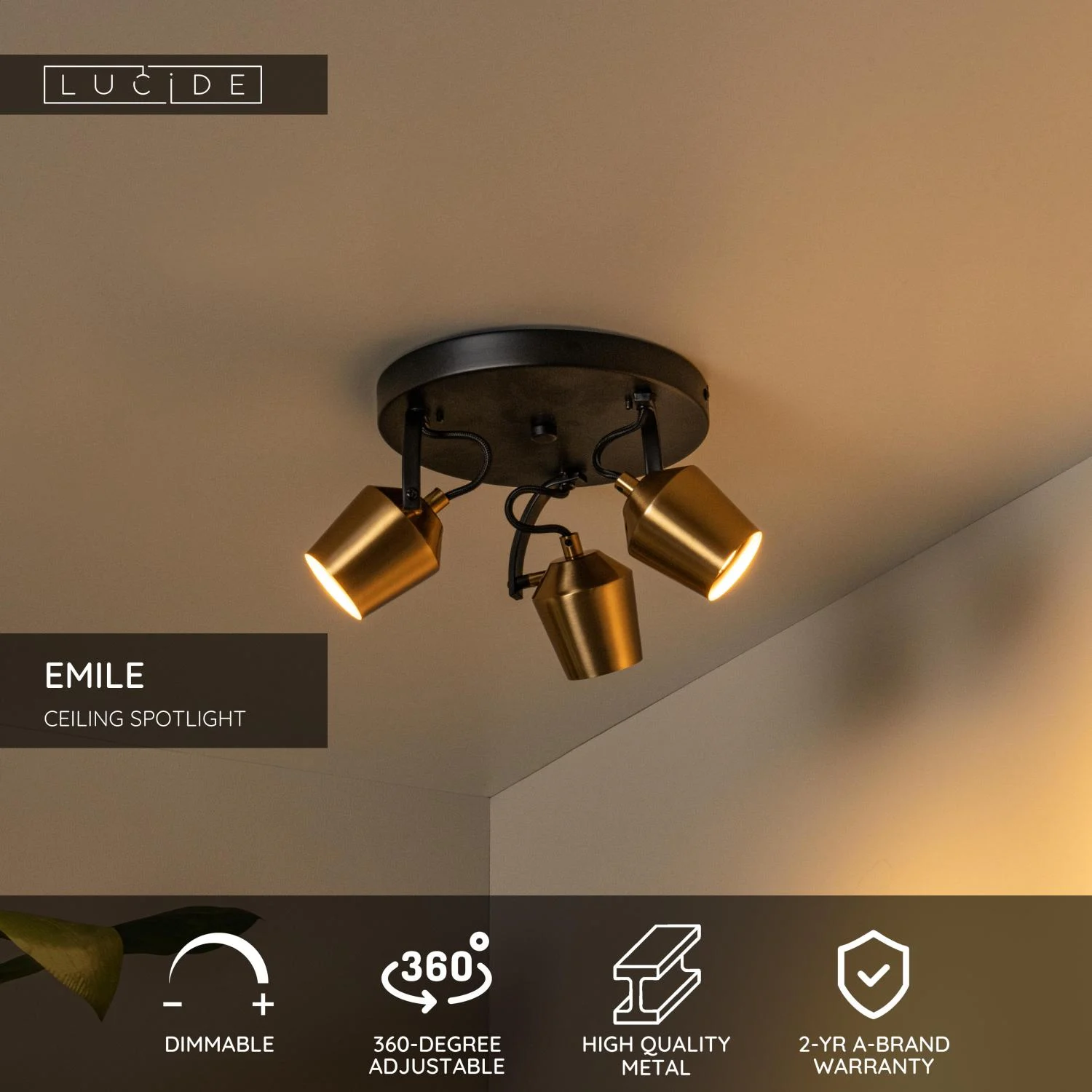 Lucide EMILE - Stropnu00e9 reflektory - u00d8 23 cm - 3xGU10 - Matt Gold / Brass