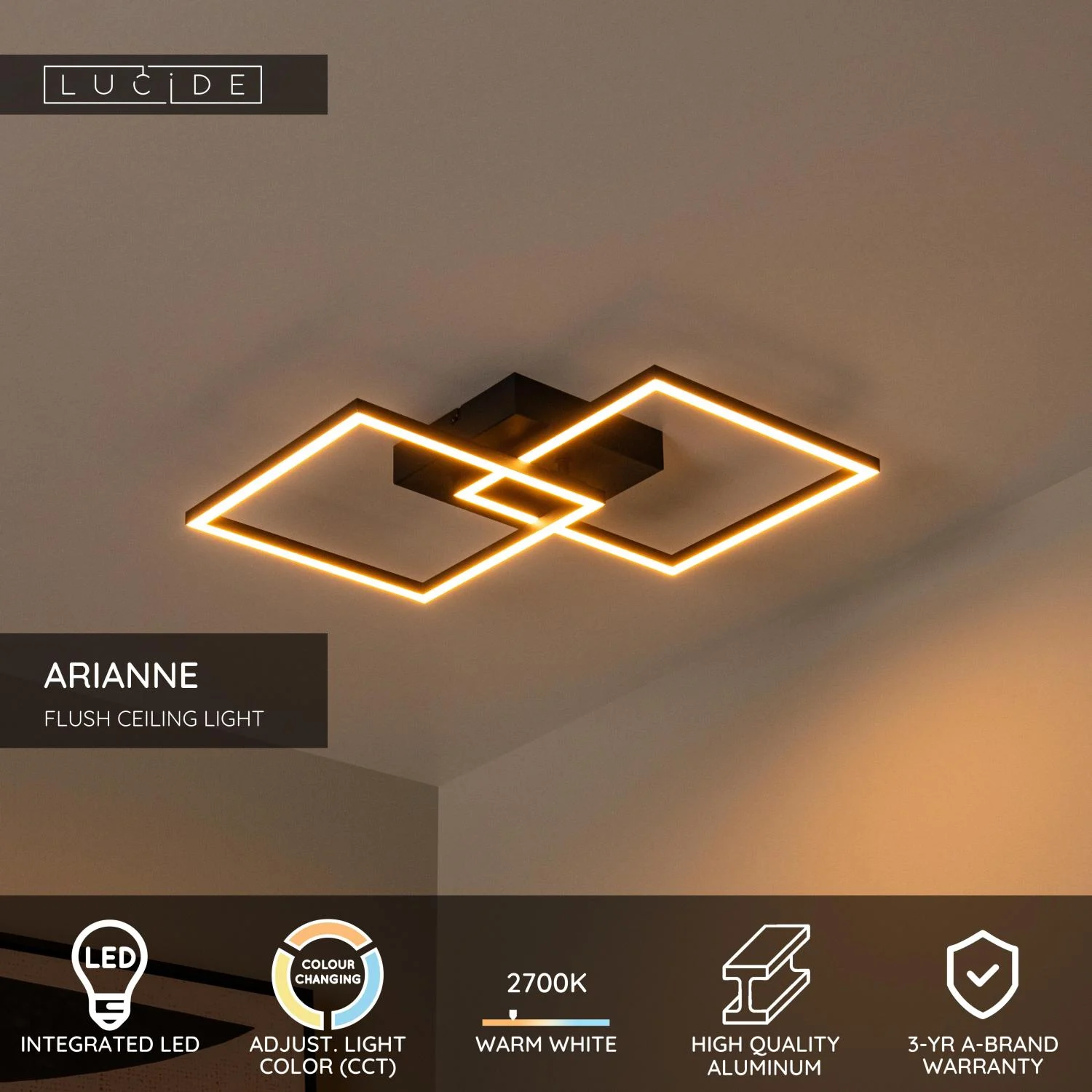 Lucide ARIANNE - Zapustenu00e9 stropnu00e9 svetlo - LED - CCT - 1x23W 2700K/4000K - u010dierna