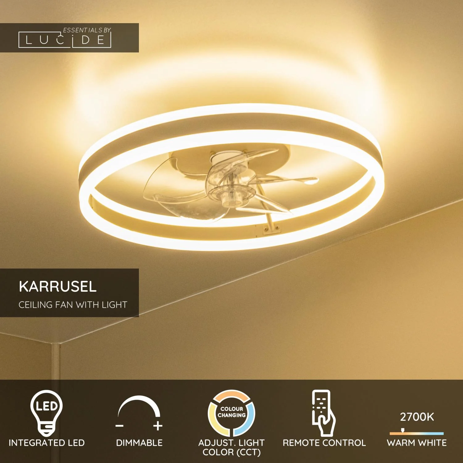 Lucide KARRUSEL - Stropnu00fd ventilu00e1tor so svetlom - u00d8 50 cm - LED Dim. - CCT - 1x36W 2700K/4000K - Taupe - Essential