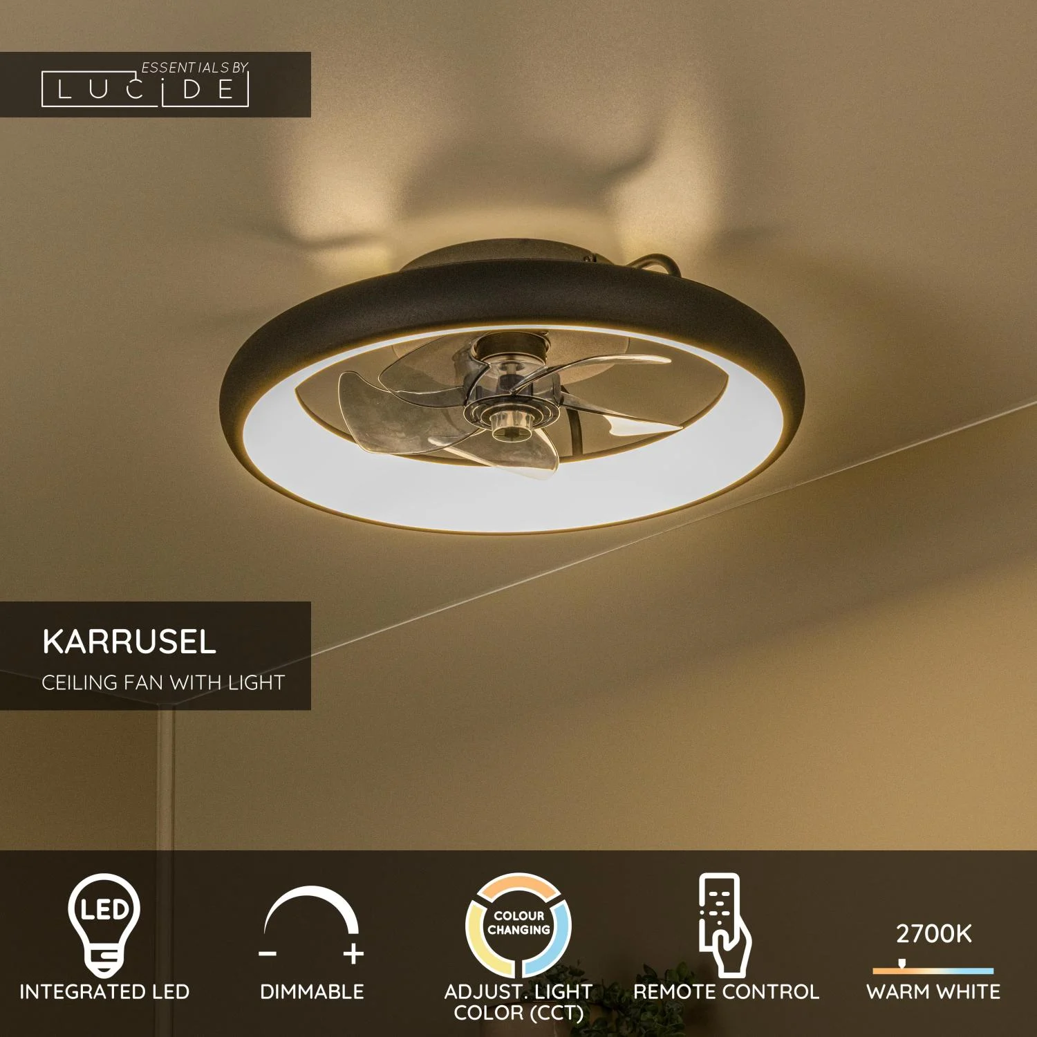 Lucide KARRUSEL - Stropnu00fd ventilu00e1tor so svetlom - u00d8 48 cm - LED Dim. - CCT - 1x36W 2700K/4000K - u010dierna - Essential