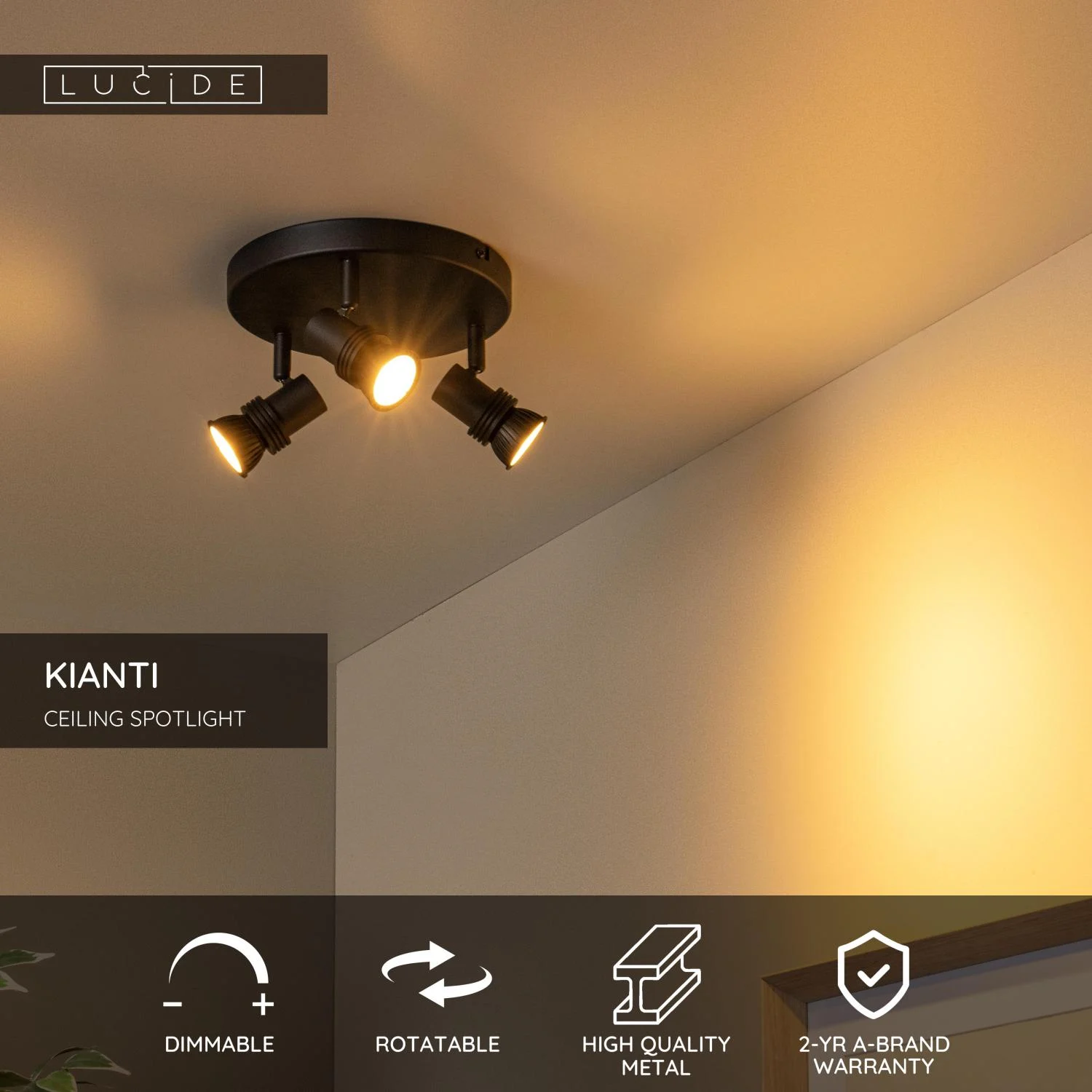 Lucide KIANTI - Stropnu00e9 reflektory - u00d8 21 cm - 3xGU10 - u010dierne