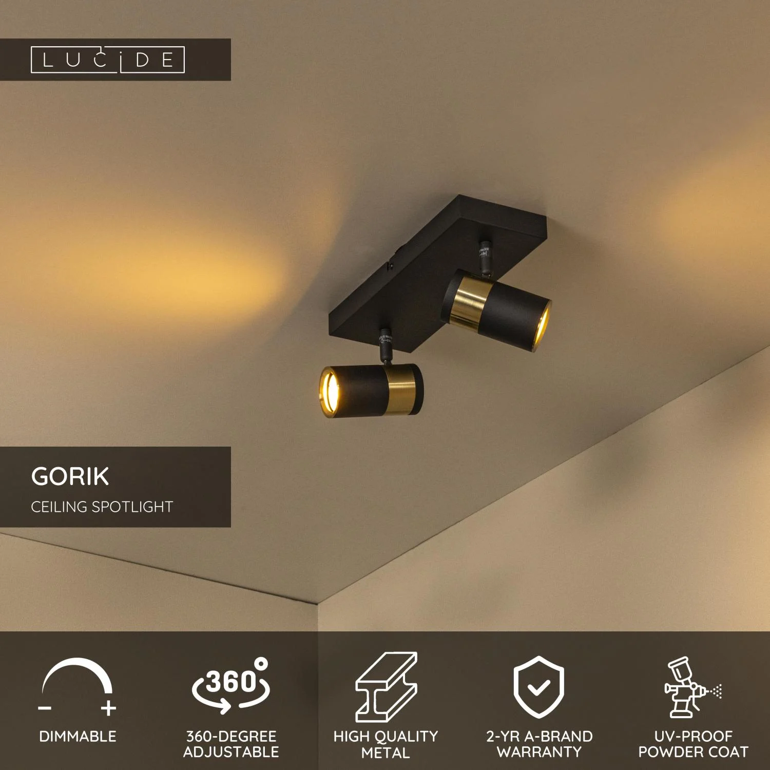 Lucide GORIK - Stropnu00e9 reflektory - 2xGU10 - u010cierne