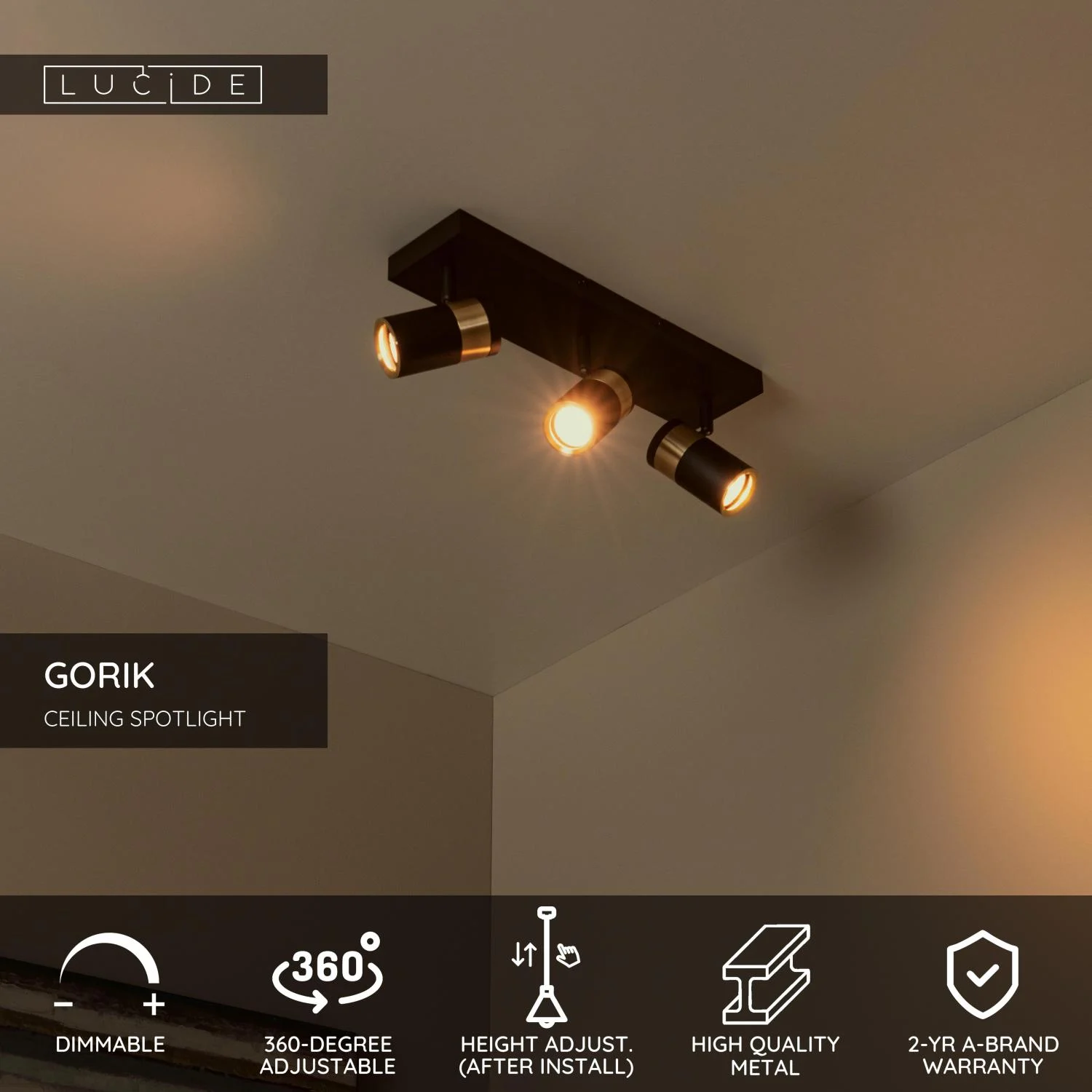 Lucide GORIK - Stropnu00e9 reflektory - 3xGU10 - u010cierne