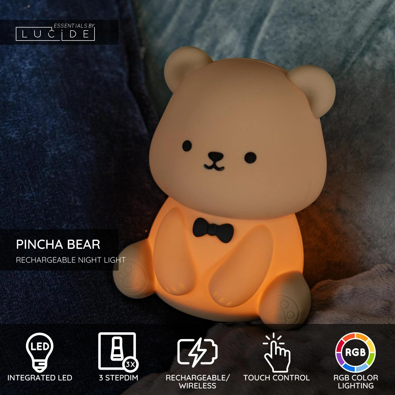 Lucide PINCHA BEAR - Nabu00edjateu013enu00e9 nou010dnu00e9 svetlo pre deti - Batu00e9riovu00fd balu00edk - LED 3 StepDim - 1x0,5W 2100K - Rgb - Hnedu00e1 | Essential